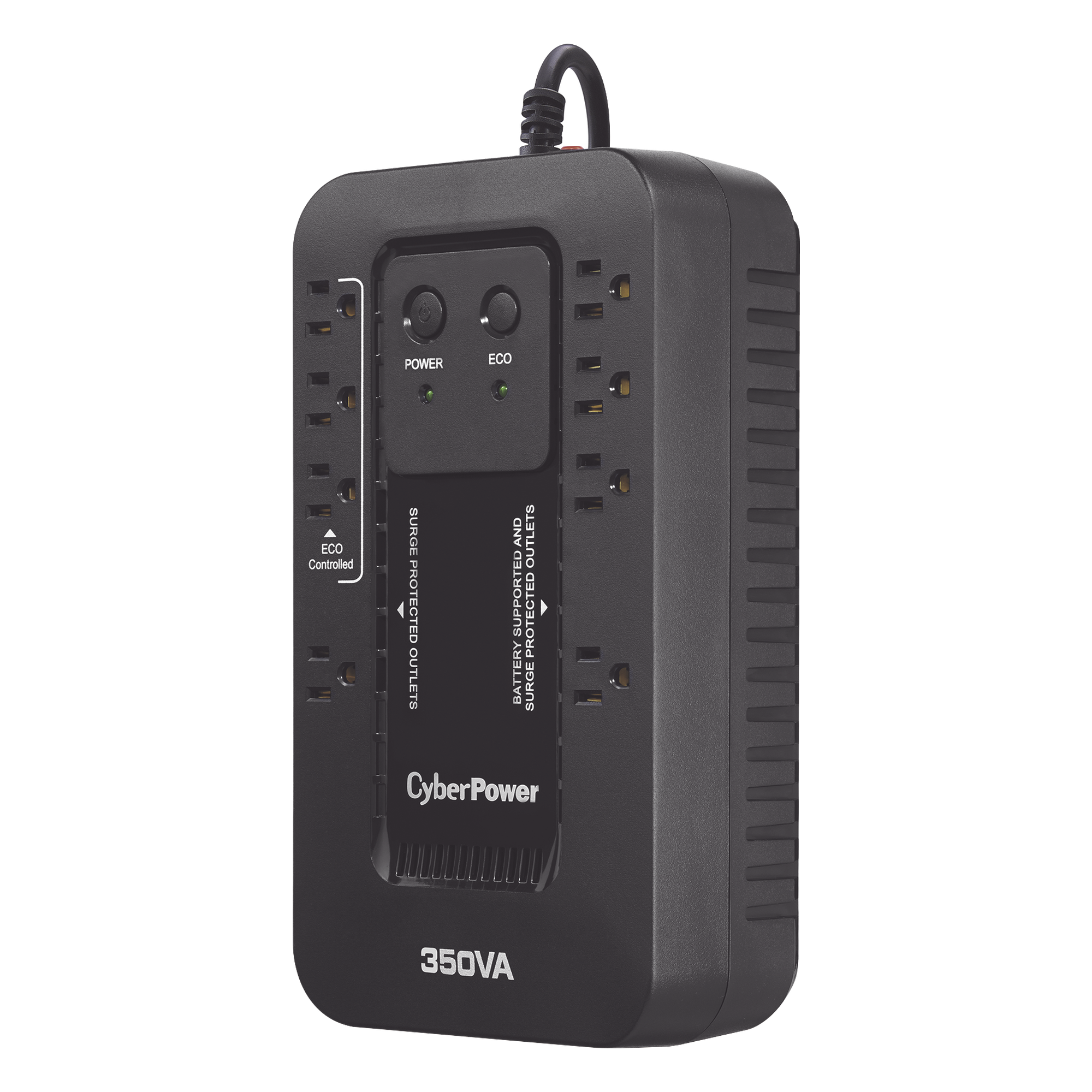 UPS de 350 VA/255 W, Topología Standby con Modo Ahorrador ECO, Entrada 120 Vca NEMA 5-15P, Con 8 Tomas NEMA 5-15R 