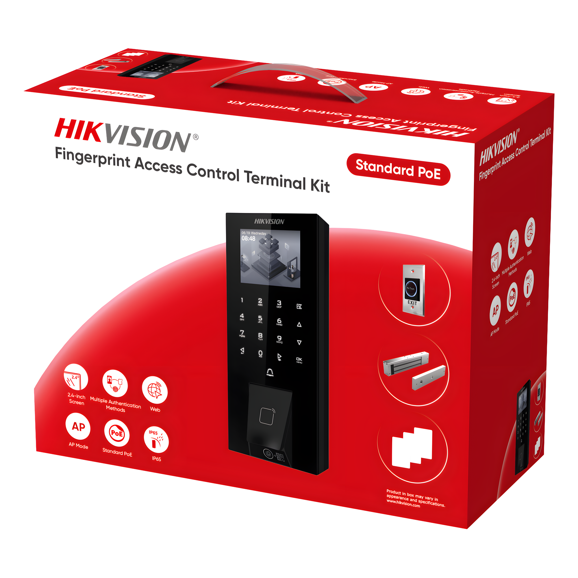Kit Terminal Control Acceso Biométrico / Huella Digital y QR / 2.4" LCD / 5000 Huellas + 5000 Tarjetas / IP65 / Wi-Fi + PoE / Cerradura Magnética 272 kg (600 lbs) — HIKVISION · SKU DS-KAS807