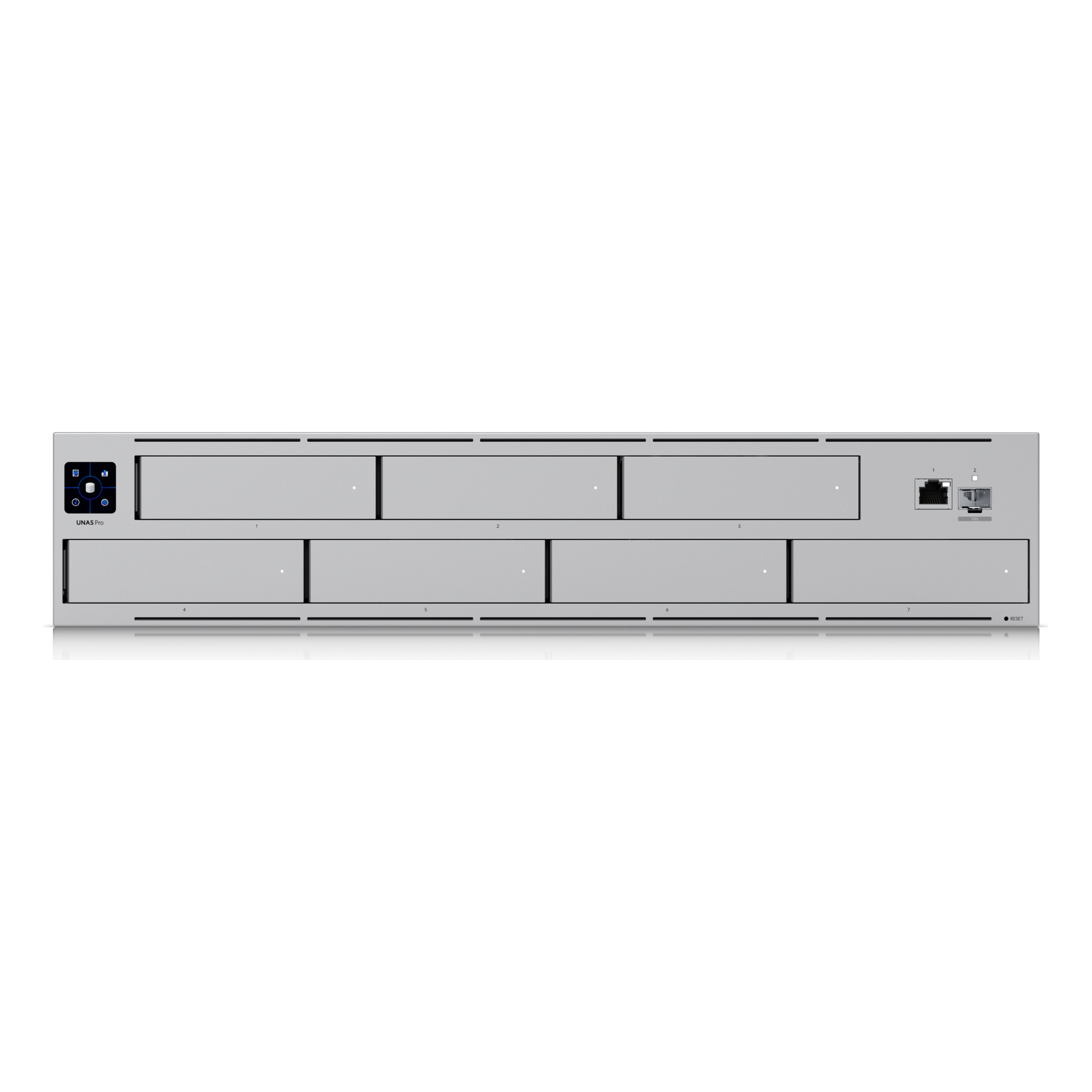 Servidor NAS Rack 2U / 7 Bahías 2.5/3.5" SATA / 10GbE SFP+ / 1GbE RJ45 / RAID 5/6/10 / Pantalla Táctil 1.3" — UBIQUITI · SKU UNAS-PRO