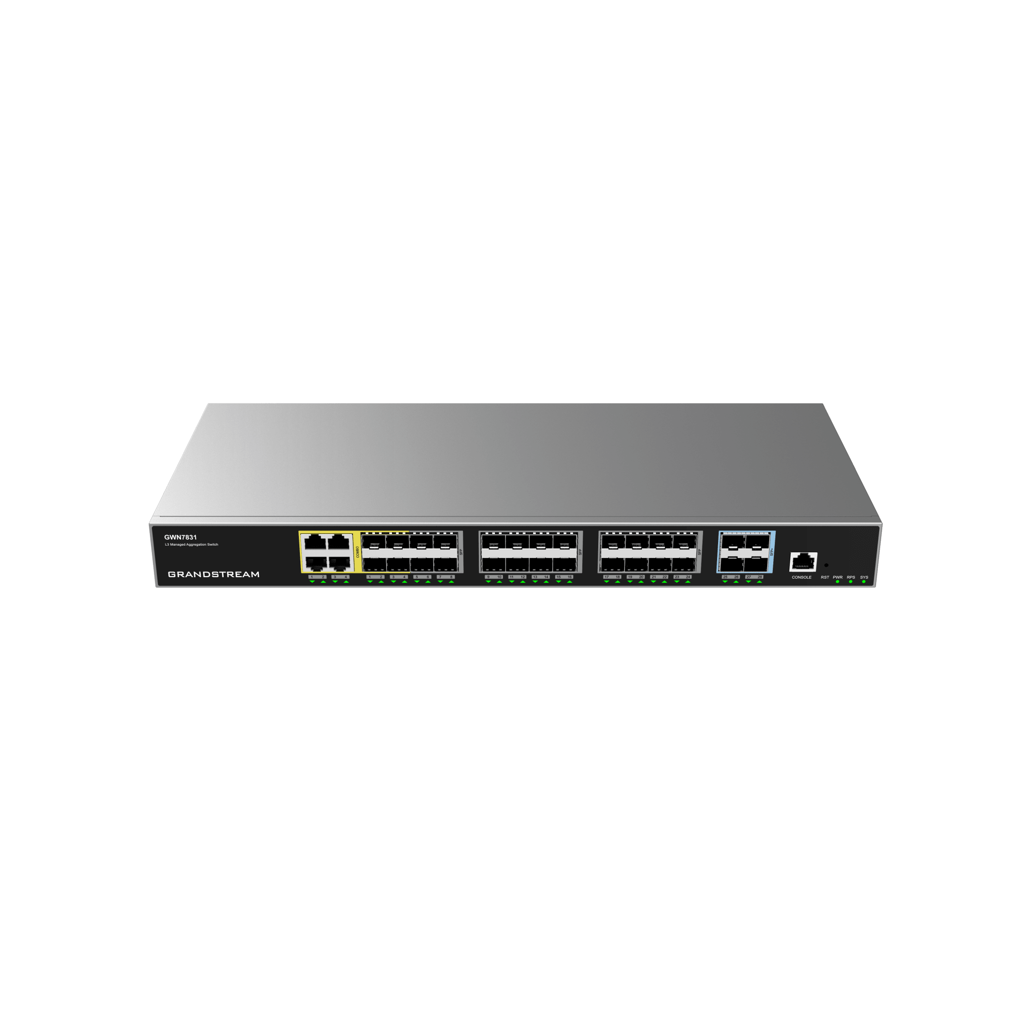 Switch de Agregación Capa 3 / 4 Puertos Gigabit Ethernet / 24 Puertos Gigabit SFP / 4 Puertos 10Gigabit SFP+ / QoS Integrada / Soporte IPv6 e IPv4 / Seguridad Avanzada / Stacking / 