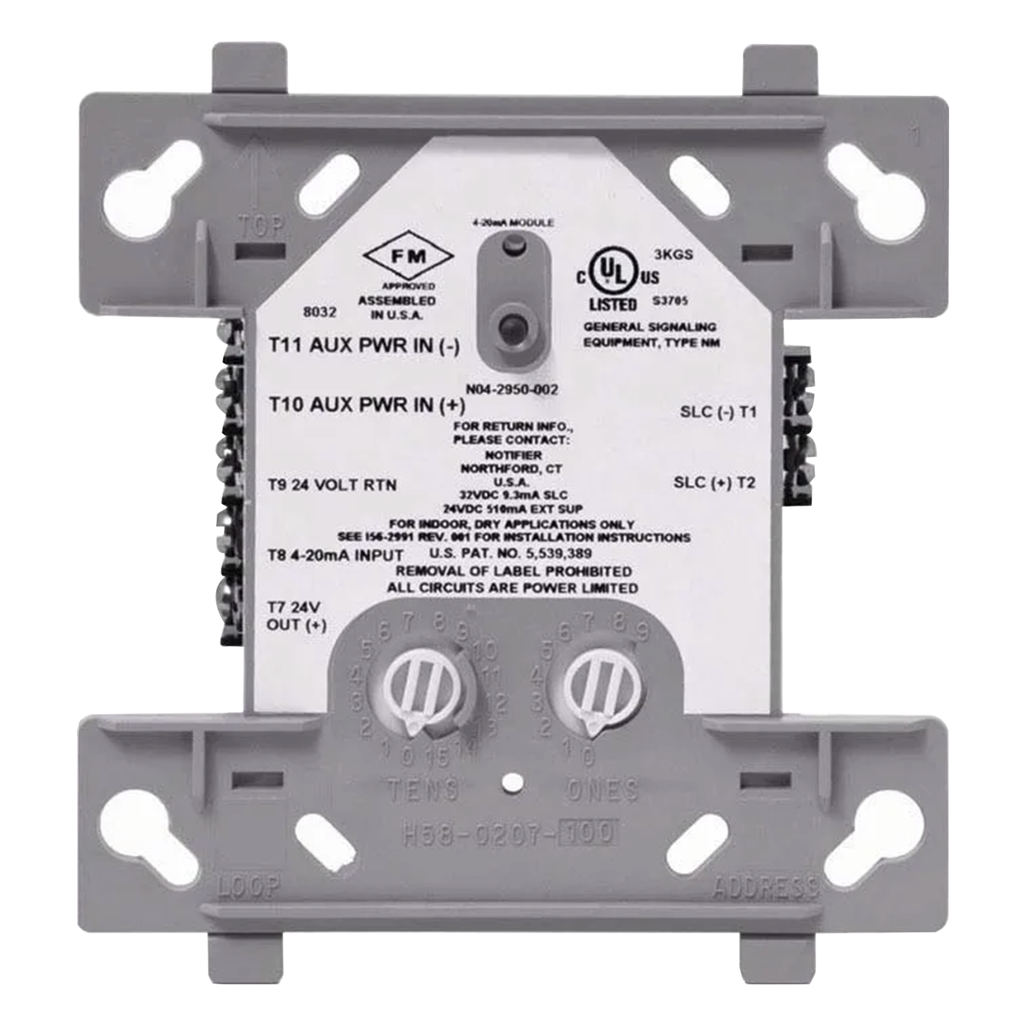 Módulo de Entrada Analógica Direccionable / Conversión 4-20 mA / Tecnología FlashScan / 2 o 3 Hilos / Compatible con Panel NFS2-3030 — NOTIFIER · SKU FMM-4-20