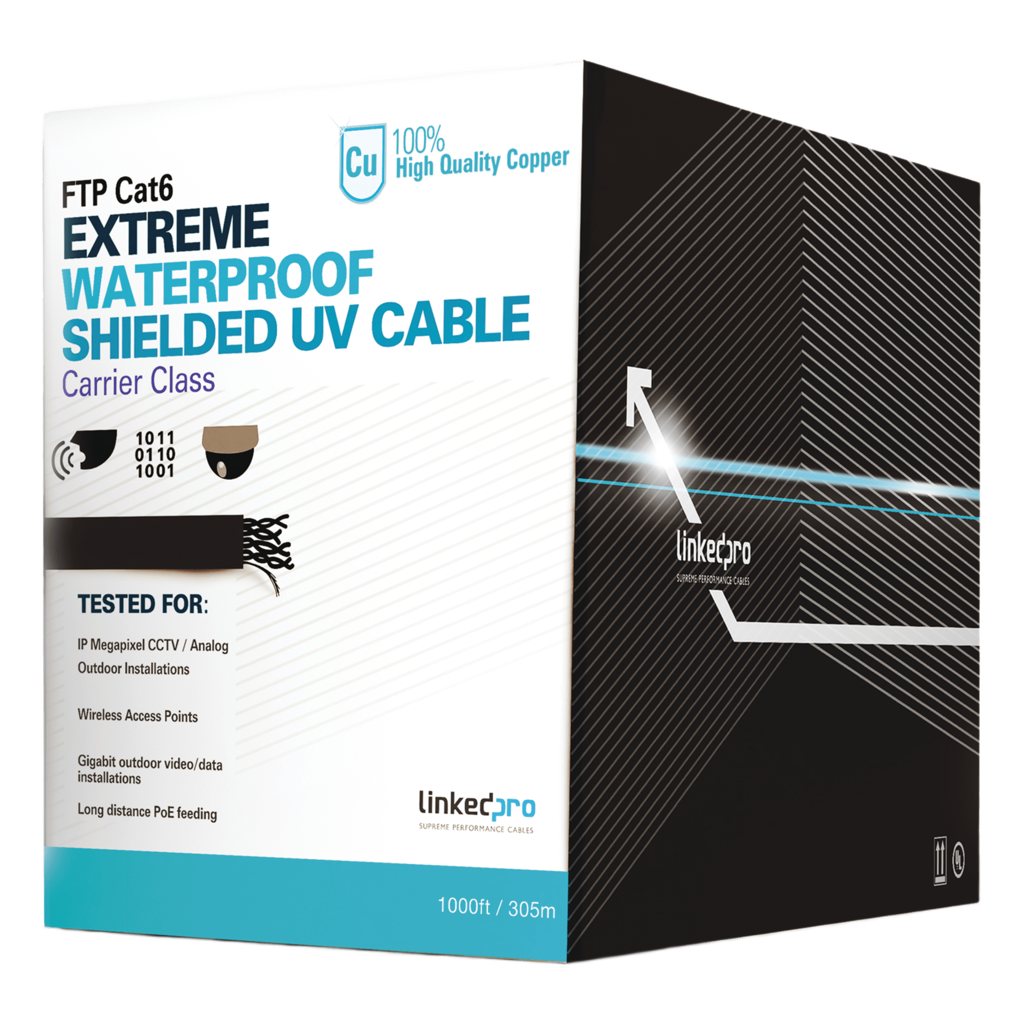 Bobina de Cable Cat6+ / 305 m (1000 pies) / Calibre 23 AWG / FTP Blindado / Exterior UV / CMX / UL — LINKEDPRO BY EPCOM · SKU PRO-CAT-6-EXT