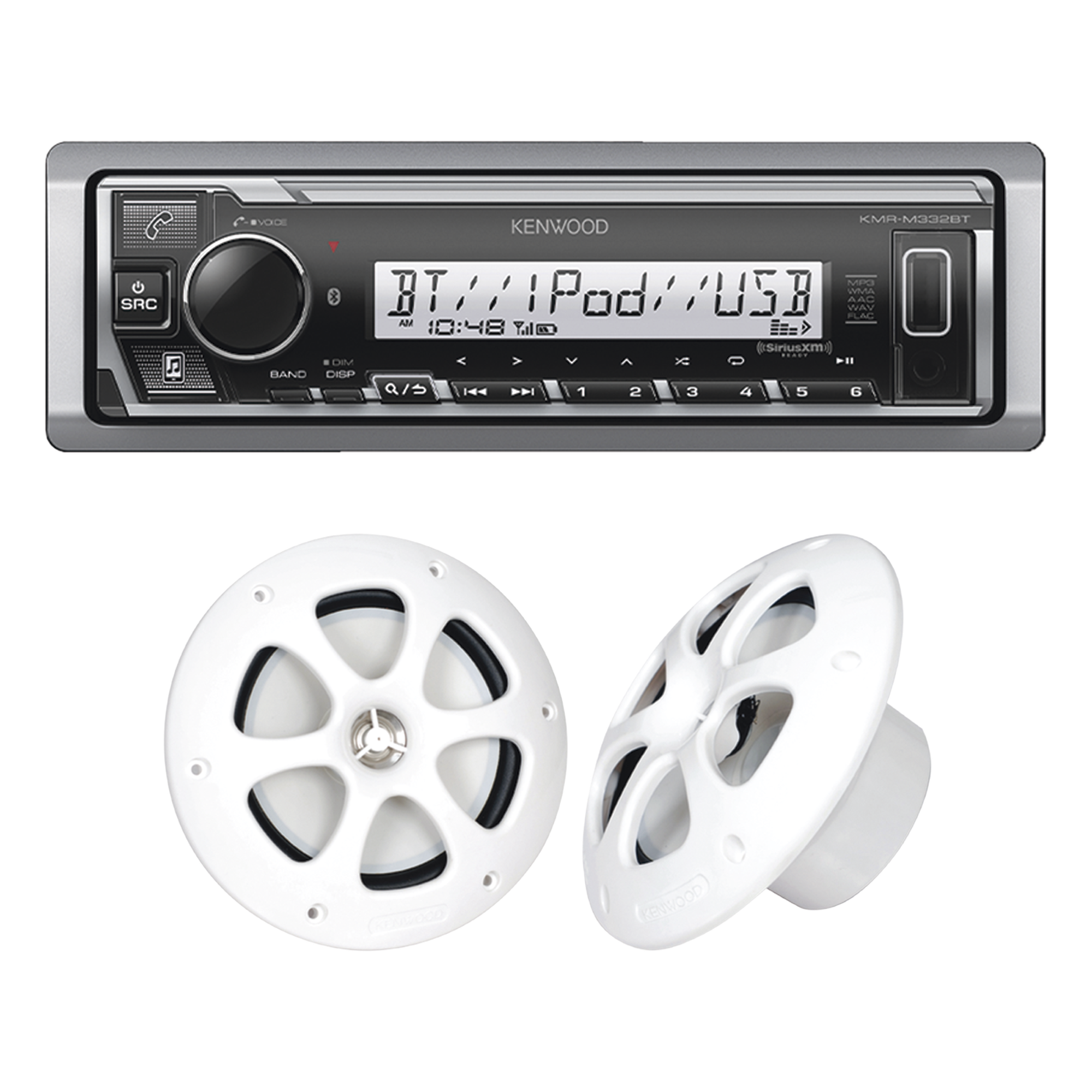 Kit de Audio Marino Bluetooth / Estéreo con 3 Salidas Preamplificadas / Bocinas 6.5 Pulgadas Resistentes al Agua / Ecualizador 13 Bandas / Sintonizador FM 87.9-107.9 MHz — JVC  KENWOOD · SKU KE/1613MRW