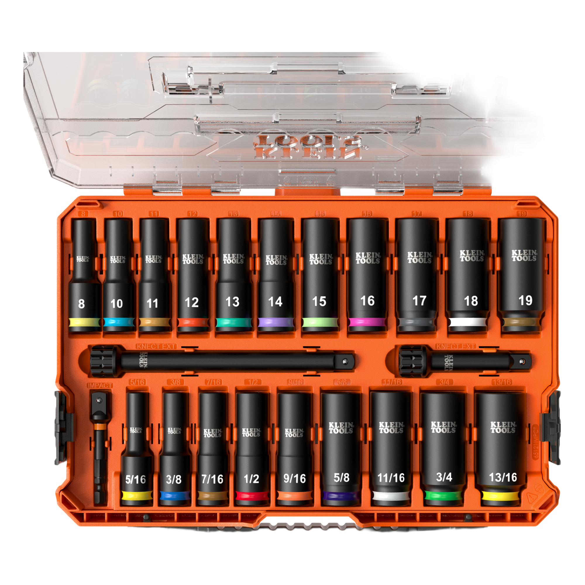 Juego de Dados de Impacto Profundos / Drive 3/8" / SAE y Métrico / 23 Piezas / Adaptadores Multi-Propósito / Estuche Modular — KLEIN TOOLS · SKU 65121-IMPCT
