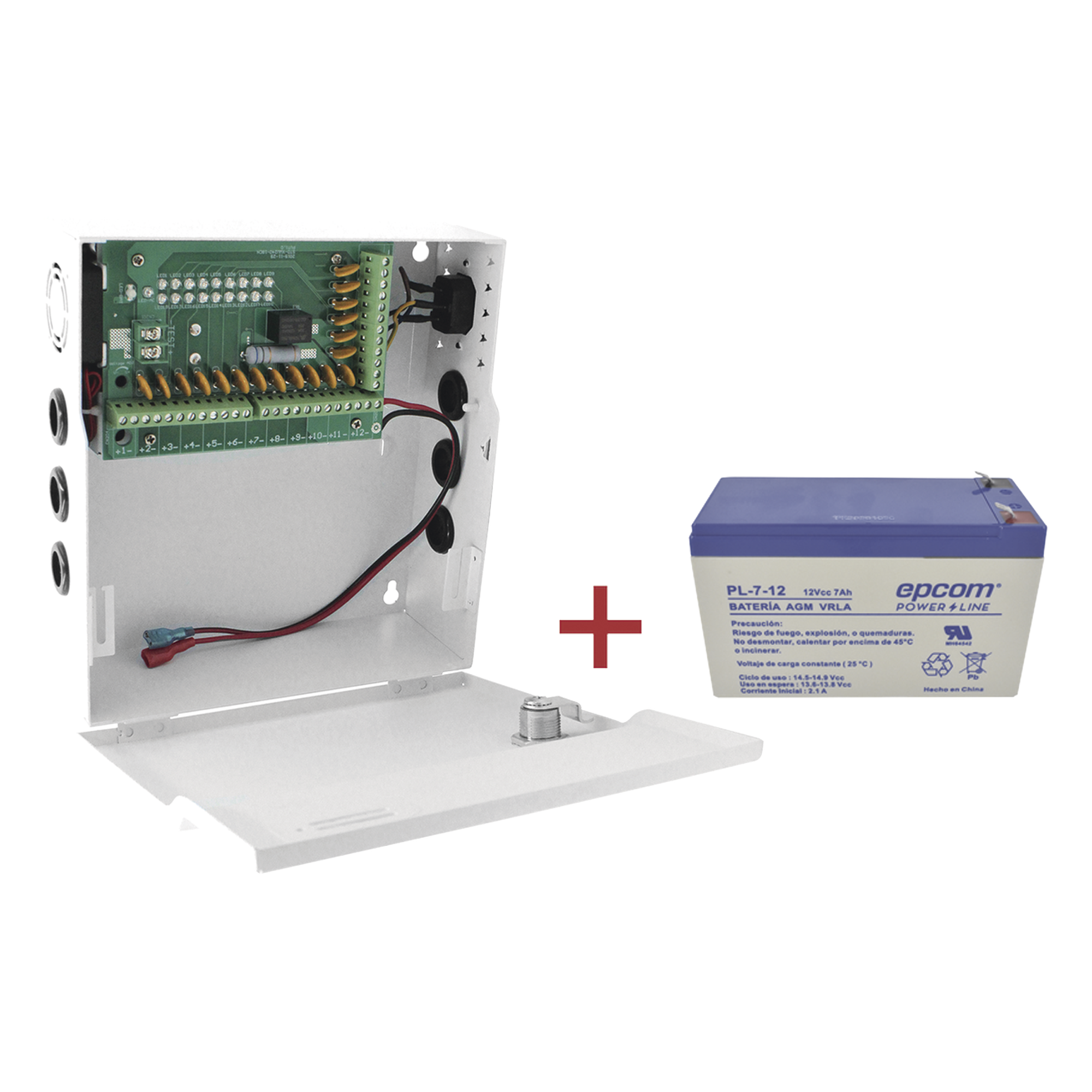 Fuente de Alimentación / 18 Salidas / 20 A / Voltaje Ajustable 11-15 VCC / Batería de Respaldo 12 VCC 7 Ah / Entrada Universal 96-264 VCA — EPCOM POWERLINE · SKU PLK12DC20ABK/K