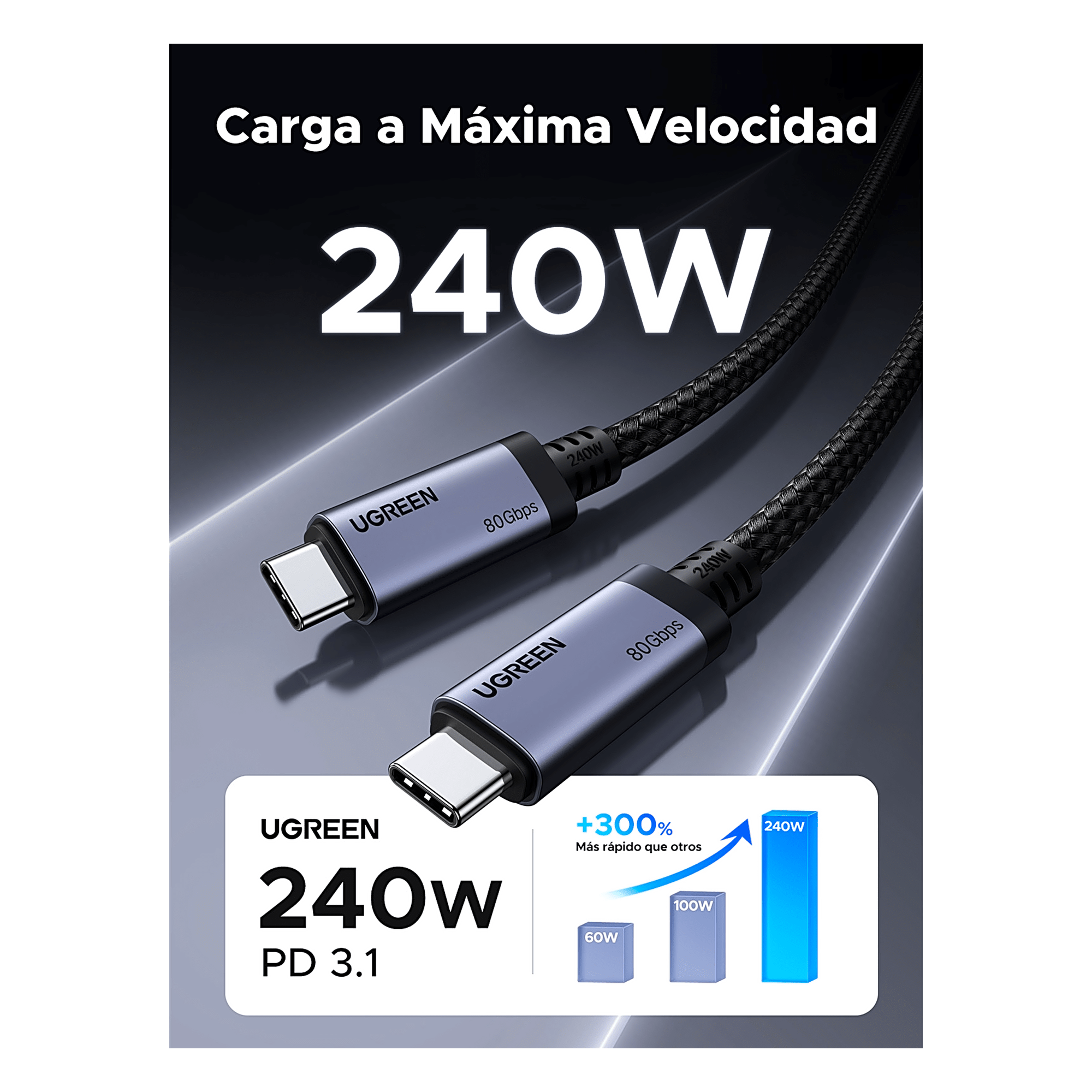 Cable USB-C Thunderbolt 5 / 80 Gbps Bidireccional / 120 Gbps Unidireccional / 1 m (3.28 ft) / PD 3.1 100W / 24 Pines / E-Marker IP2133H