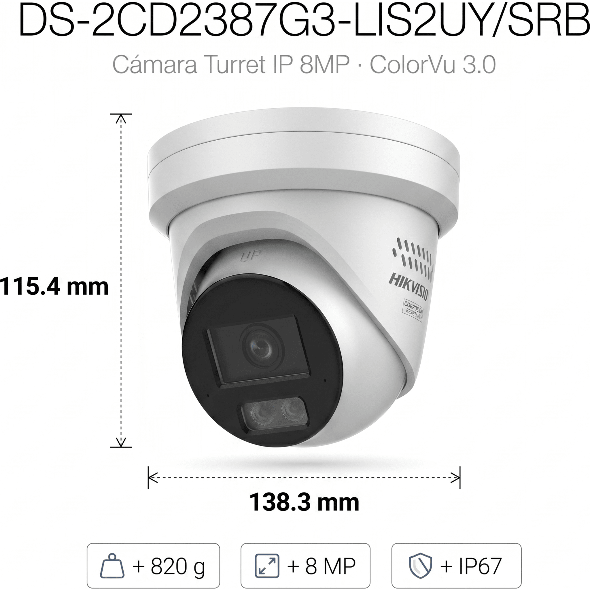 [Dual Light + ColorVu 3.0 + HikAI] Turret IP 8 Megapixel / Lente 2.8 mm / 30 mts IR + Luz Blanca / 2 Microfonos Integrados / Exterior IP67 / Estrobo Azul y Rojo / WDR 130 dB / ACUSENSE 3.0 / Metal / NEMA 4X / ACUSEEK