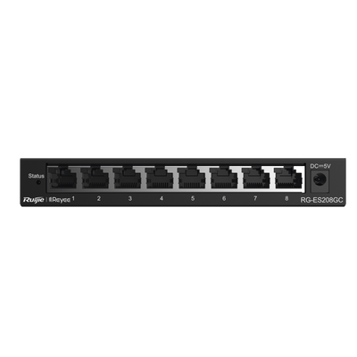 Switch Administrable Gigabit / 8 Puertos 10/100/1000BASE-T / Capa 2 / Switching 16 Gbps / Forwarding 11.9 Mpps / Modo CCTV 250 m (820 ft) / Fanless — RUIJIE · SKU RG-ES208GC