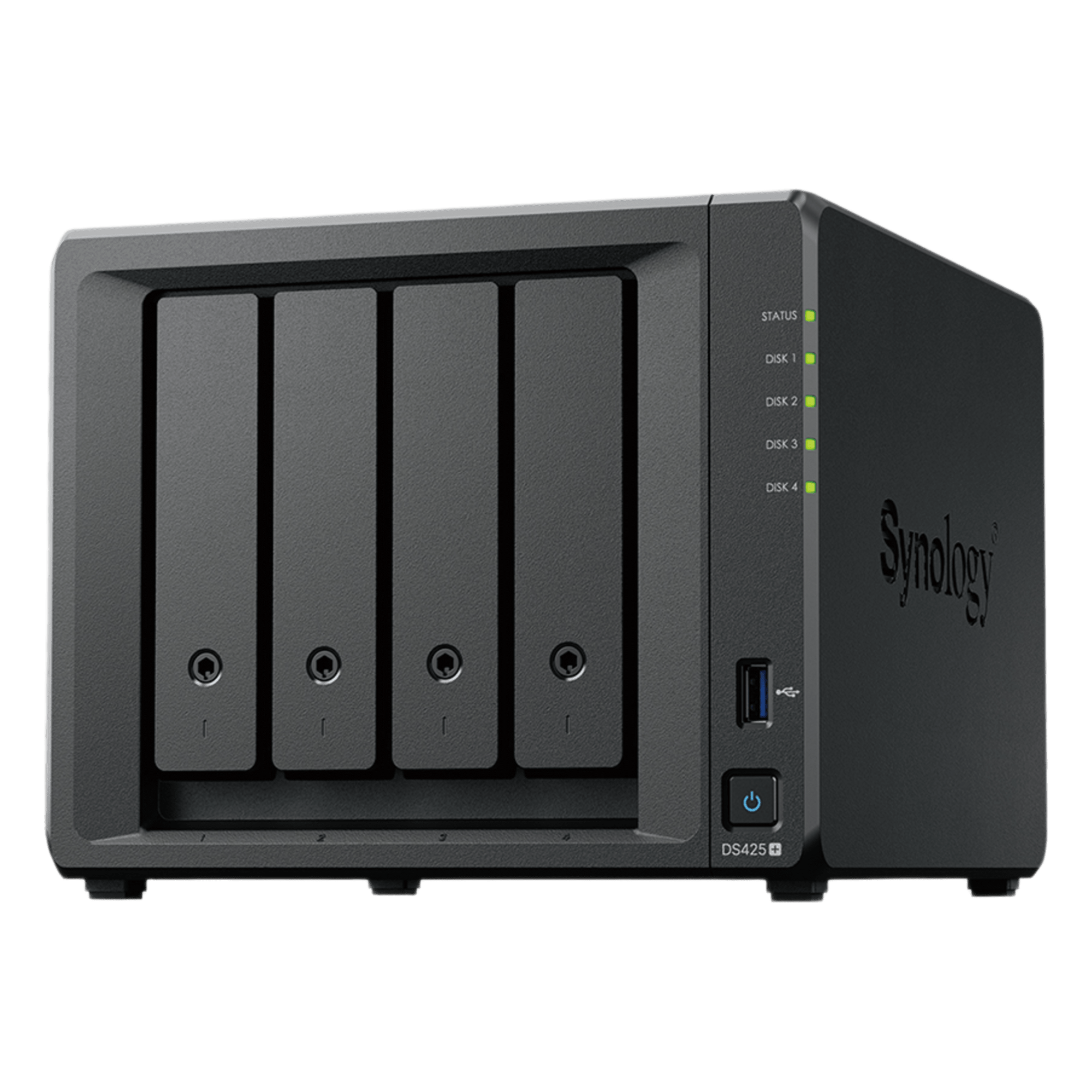 NAS 4 Bahías / Intel Celeron J4125 2.7 GHz / 2 GB DDR4 Expandible / 2.5GbE + 1GbE / 2 Ranuras M.2 NVMe / Hasta 80 TB — SYNOLOGY · SKU DS425+