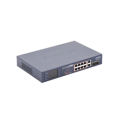 Switch No Administrable 8 Puertos Gigabit con Modo Extender a 250 m,  2 Puertos Uplink 10/100/1000 Mbps, 2 Puertos SFP