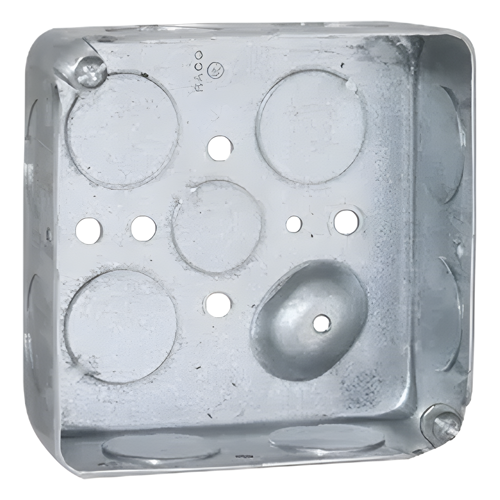 Caja Cuadrada Eléctrica / 4 x 4" / Profundidad 1-1/2" / 21 in³ / 11 Entradas 3/4" y 1 Entrada 1/2" / Acero Galvanizado / Resistencia al Fuego 2 Horas — RACO · SKU HUB-191
