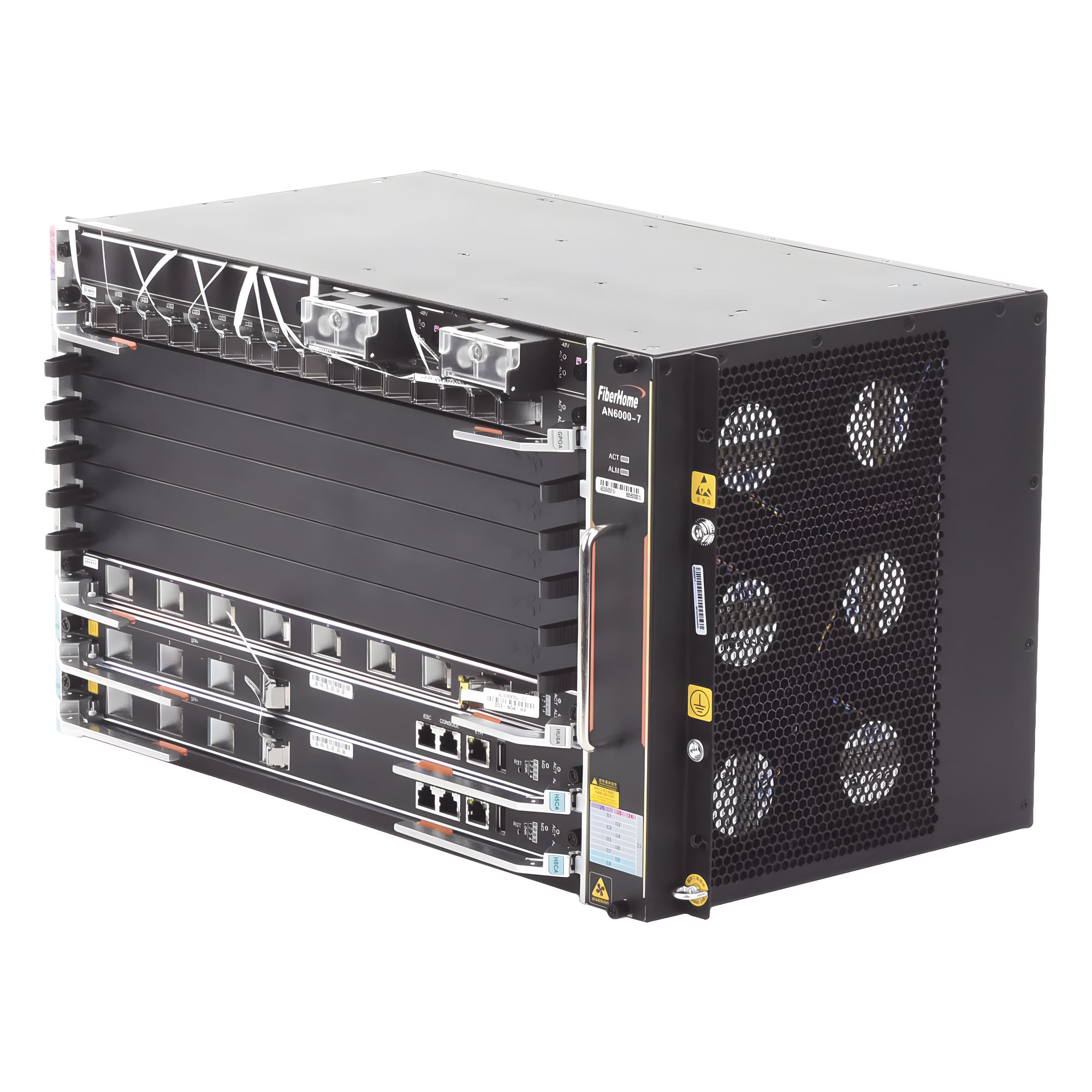 OLT Carrier Class Modular / 6 Ranuras de Servicio / 96 Puertos GPON / 48 xGPON / Switching 6.8 Tbps / 200 Gbps por Slot / 6 UR / 19' — FIBERHOME · SKU AN6000-7