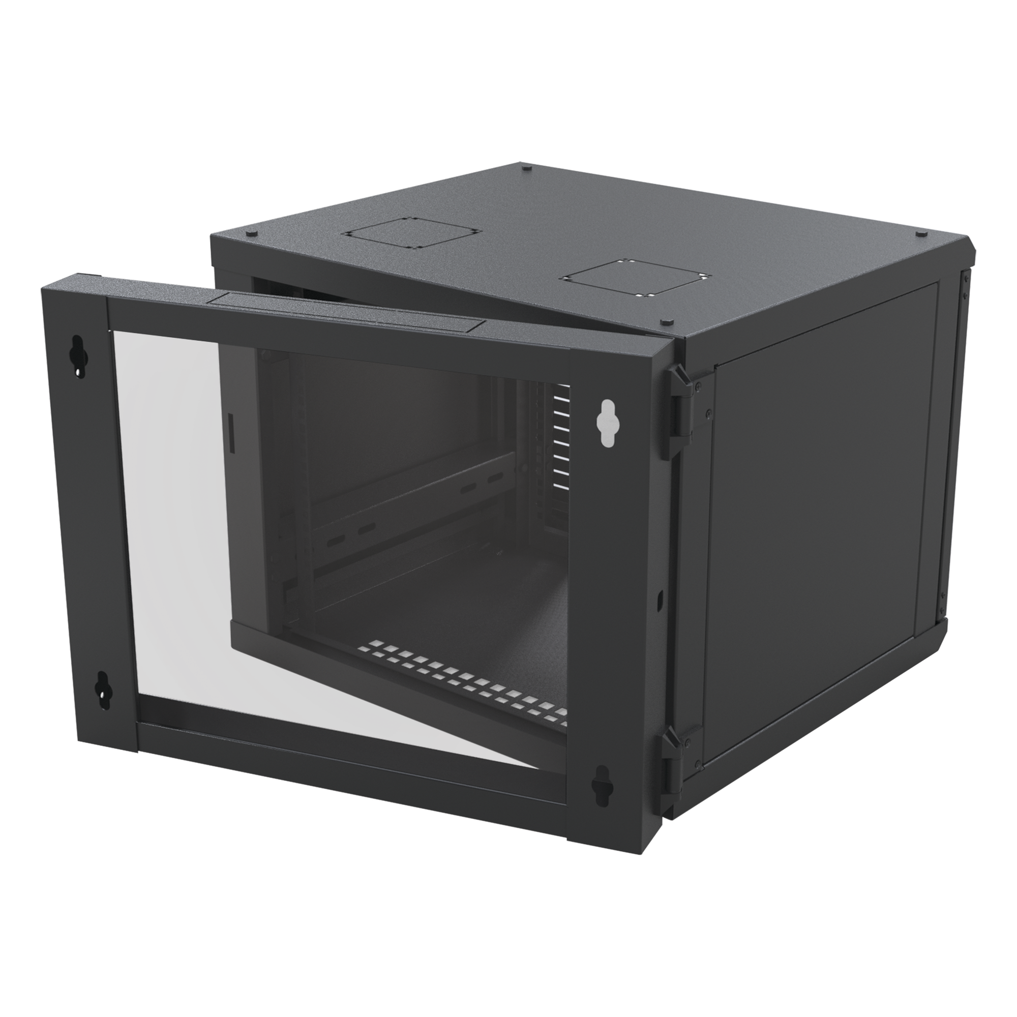 Gabinete de Pared Abatible / Rack 19" 12U / Carga 50 kg / Cristal Templado / Giro 180° / Acero Negro