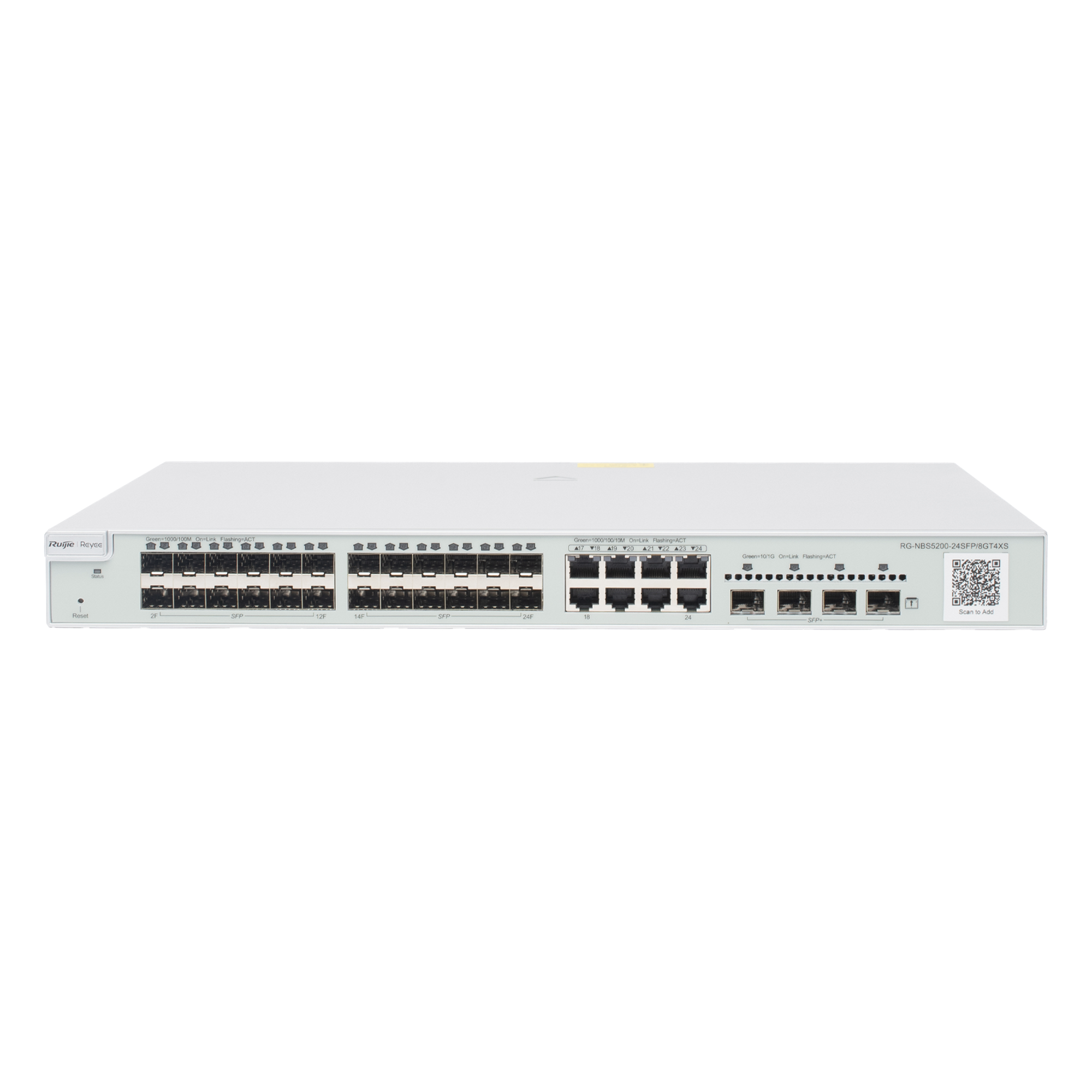 Switch Capa 3 Administrable / 24 Puertos SFP 1G / 8 Puertos Combo 10/100/1000 / 4 Puertos SFP+ 10G / 128 Gbps / 96 Mpps — RUIJIE · SKU RG-NBS5200-24SFP/8GT4XS
