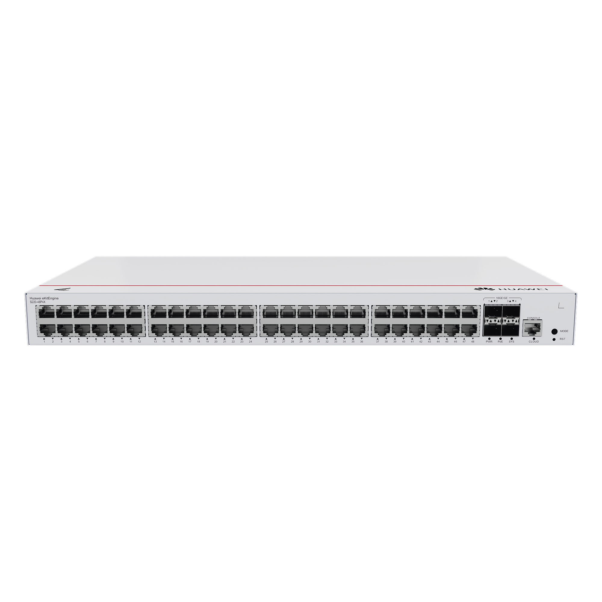 Switch PoE Administrable / 48 Puertos Gigabit / 4 Puertos 10GE SFP+ / PoE Perpetuo 380W / 176 Gbps / Capa 2 — HUAWEI · SKU S220-48P4X