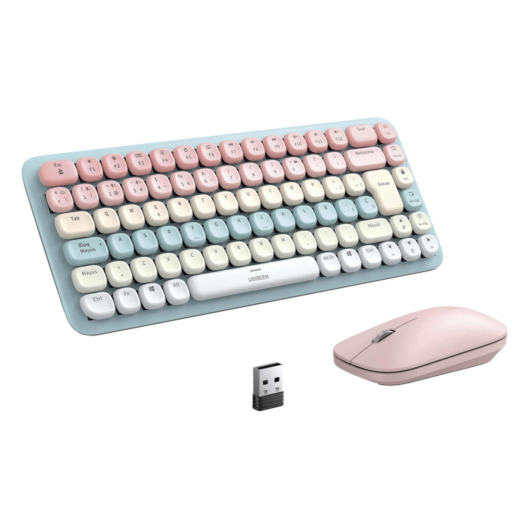 Paquete de Teclado y Mouse | 85 teclas en Español | Bluetooth y 2.4GHz |  Mouse Ambidiestro  | Sensor de DPI ajustable | Efectos de Iluminación del Teclado | Amplia compatibilidad | Color Rosa. — UGREEN · SKU 25178
