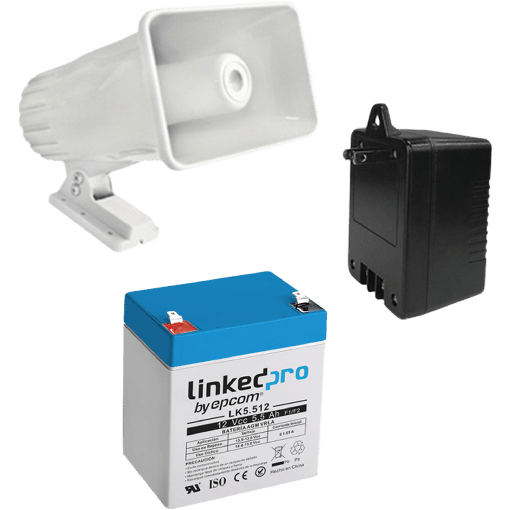 Kit de accesorios con Bateria 5.5 Ah, Transformador 16.5Vca  y sirena de 30 watts