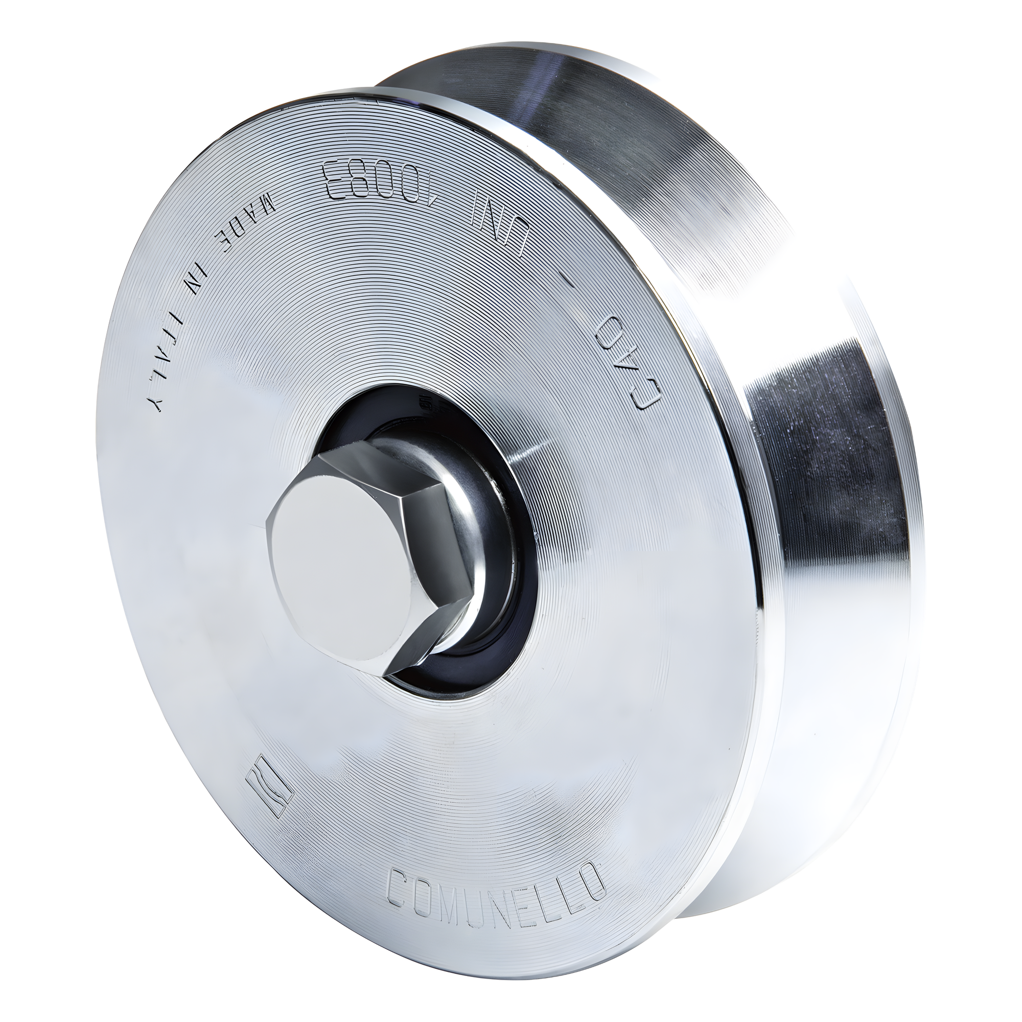 Rueda para Puerta Corrediza / 12 cm / Carga 450 kg / Guía Tipo V / Acero Galvanizado — COMUNELLO · SKU 1150-2050-001
