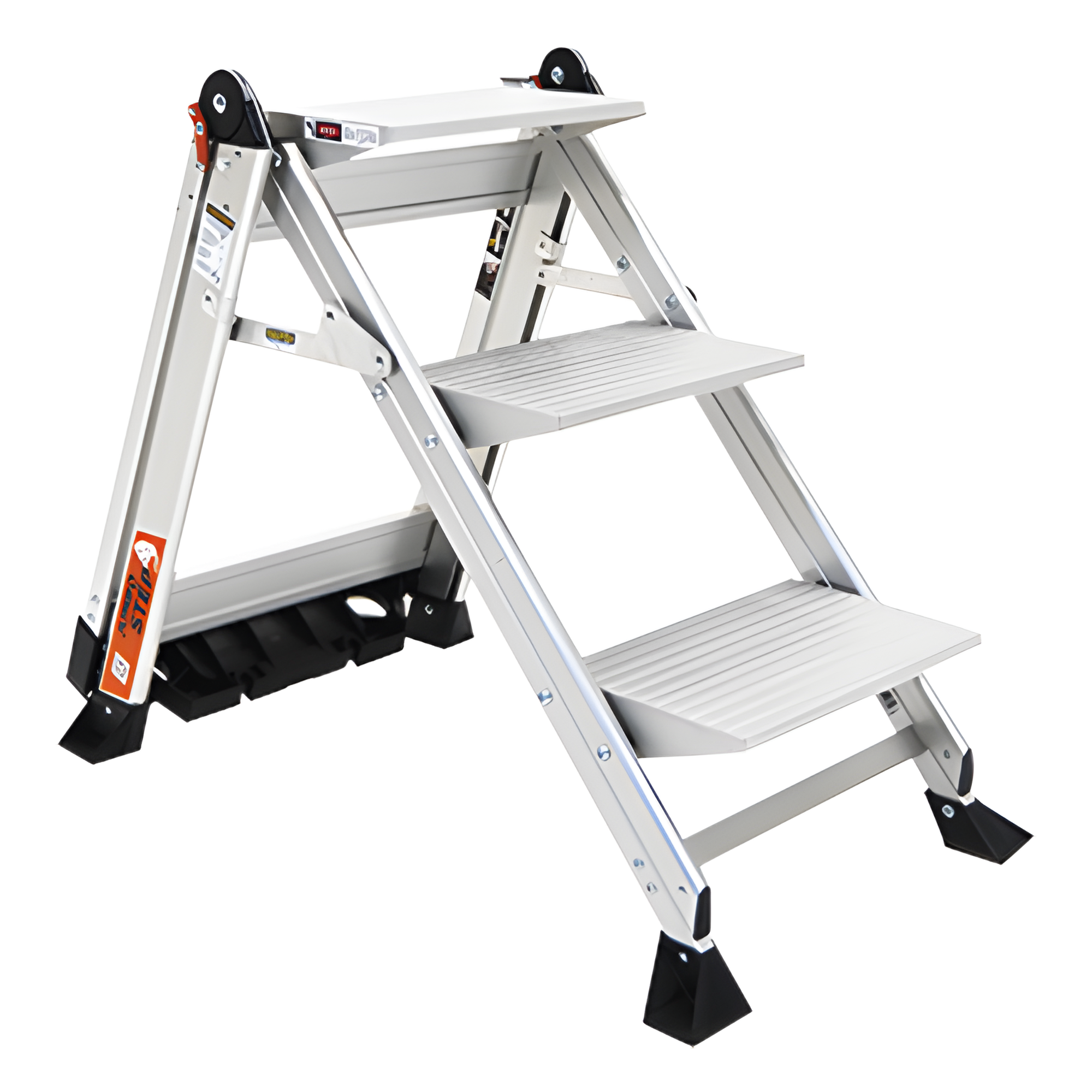 Escalera de Tijera / 3 Peldaños Jumbo / Altura 0.67 m (2.2 ft) / Capacidad 170 kg (375 lbs) / Barra Anti-caídas / Almohadillas Antideslizantes