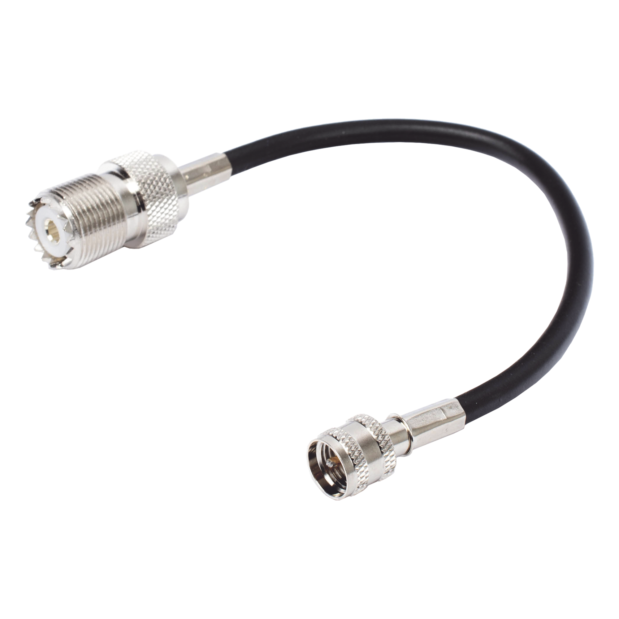 Jumper Adaptador RF / Mini UHF Macho a UHF Hembra (SO-239) / Cable RG-58/U 20 cm / Bronce Niquelado / Contacto Oro y Plata / Aislante Delrin