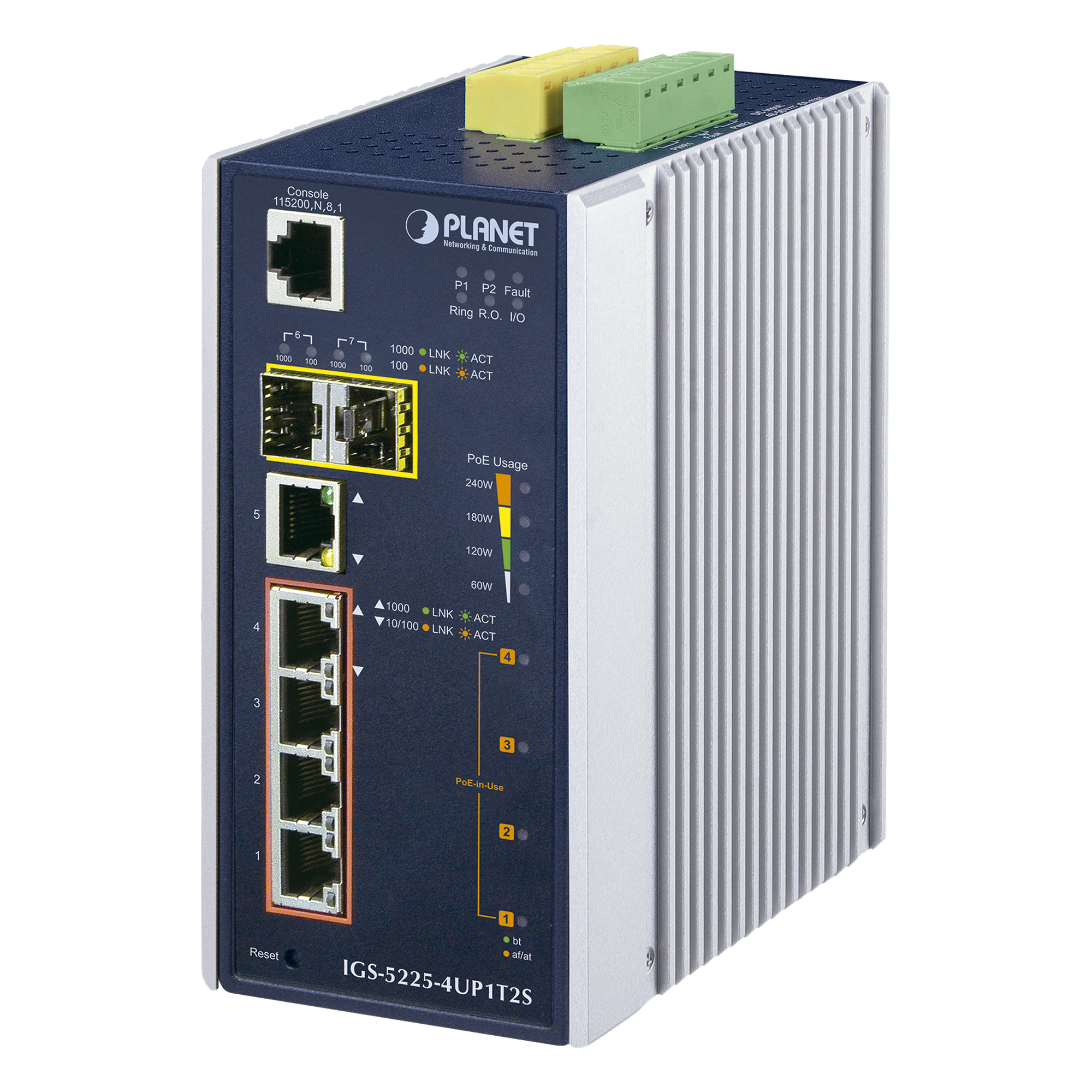 Switch Industrial Administrable / 4 Puertos Gigabit Ultra PoE 60W / 2 Puertos SFP / Rango -40°C a 75°C / IP30 / Riel DIN o Pared — PLANET · SKU IGS-5225-4UP1T2S