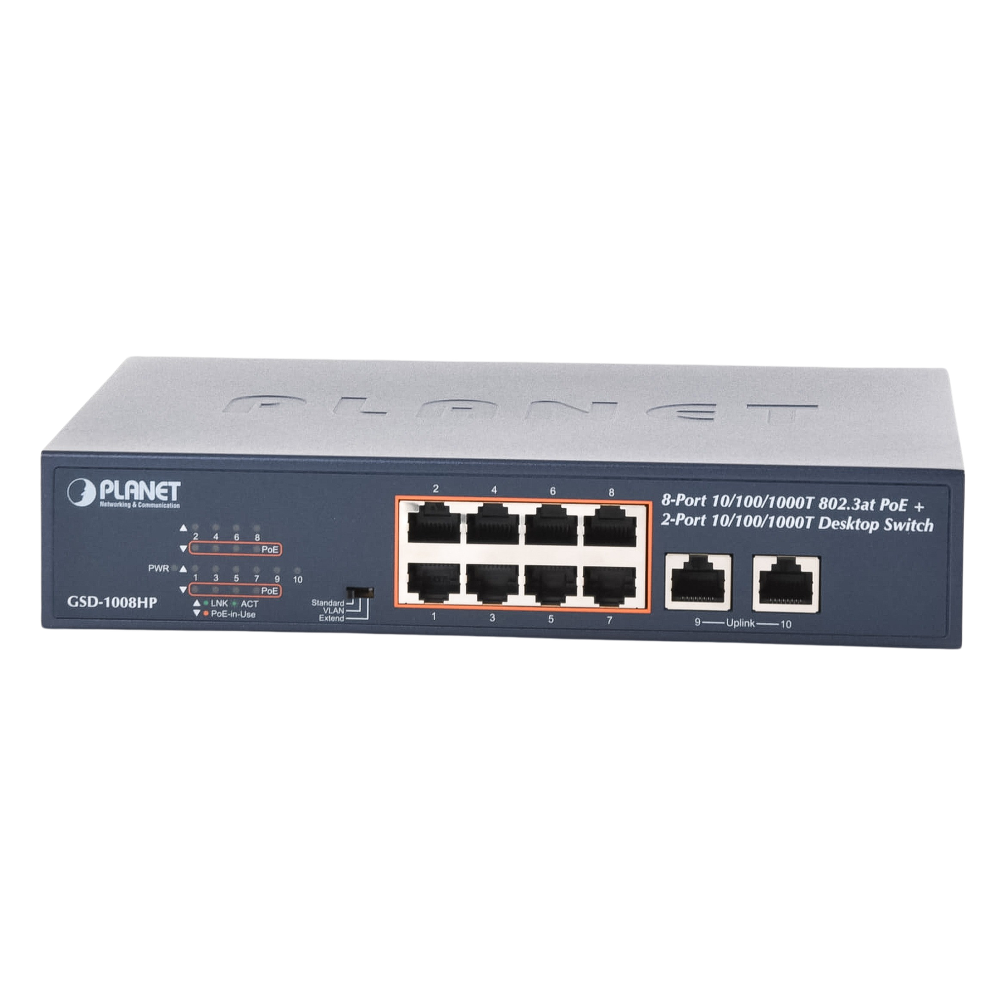 Switch PoE+ / 8 Puertos Gigabit 802.3at / 2 Puertos Uplink / Presupuesto PoE 120 W / Alcance Extendido 250 m (820.2 ft) / Rackeable 1U