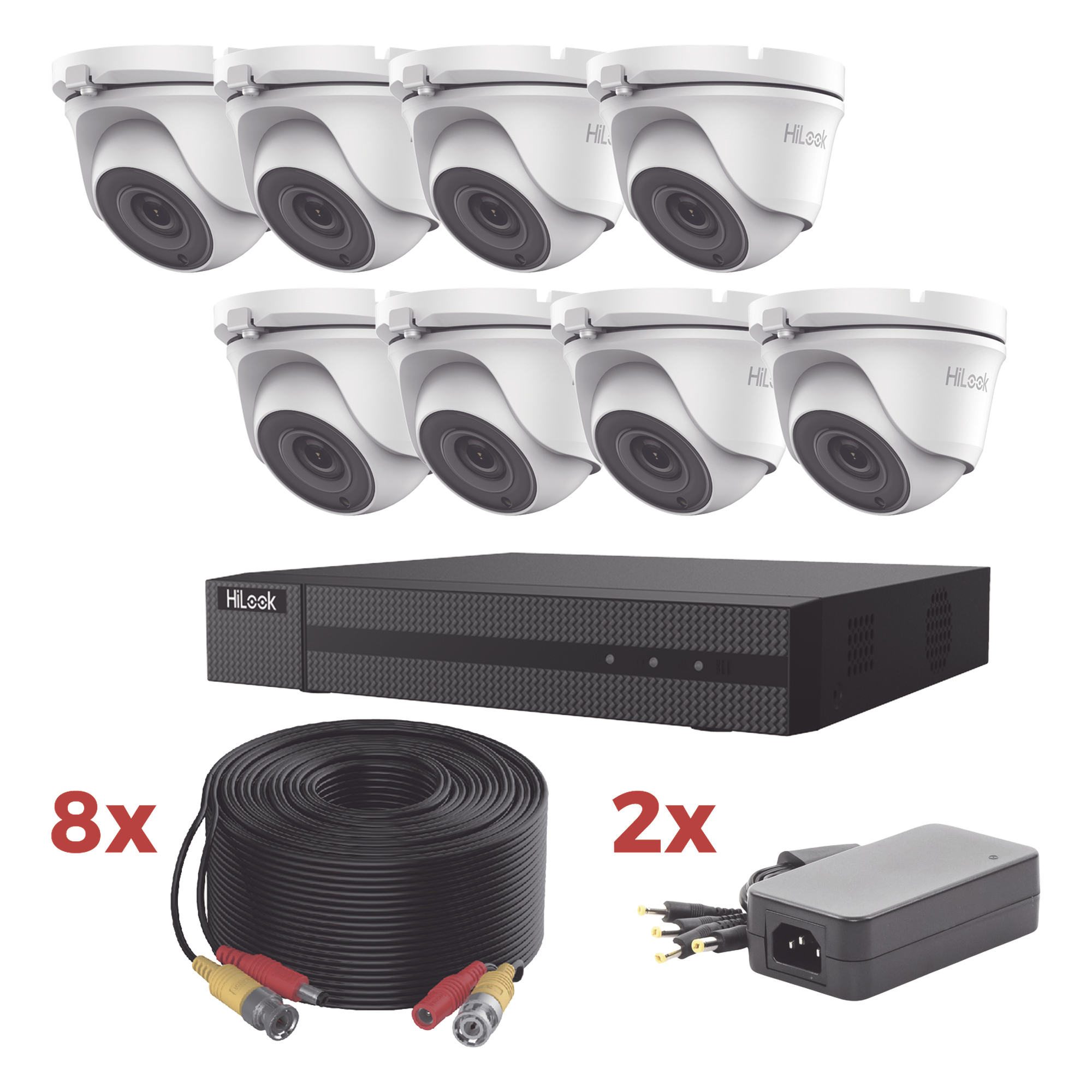 Kit de Videovigilancia TurboHD / DVR 8 Canales / 8 Cámaras Turret 2 Megapixel / IR 20 m (65.6 ft) / 8 Cables Coaxiales 20 m (65.6 ft) / 2 Fuentes de Alimentación — HiLook by HIKVISION · SKU HL1080P8E