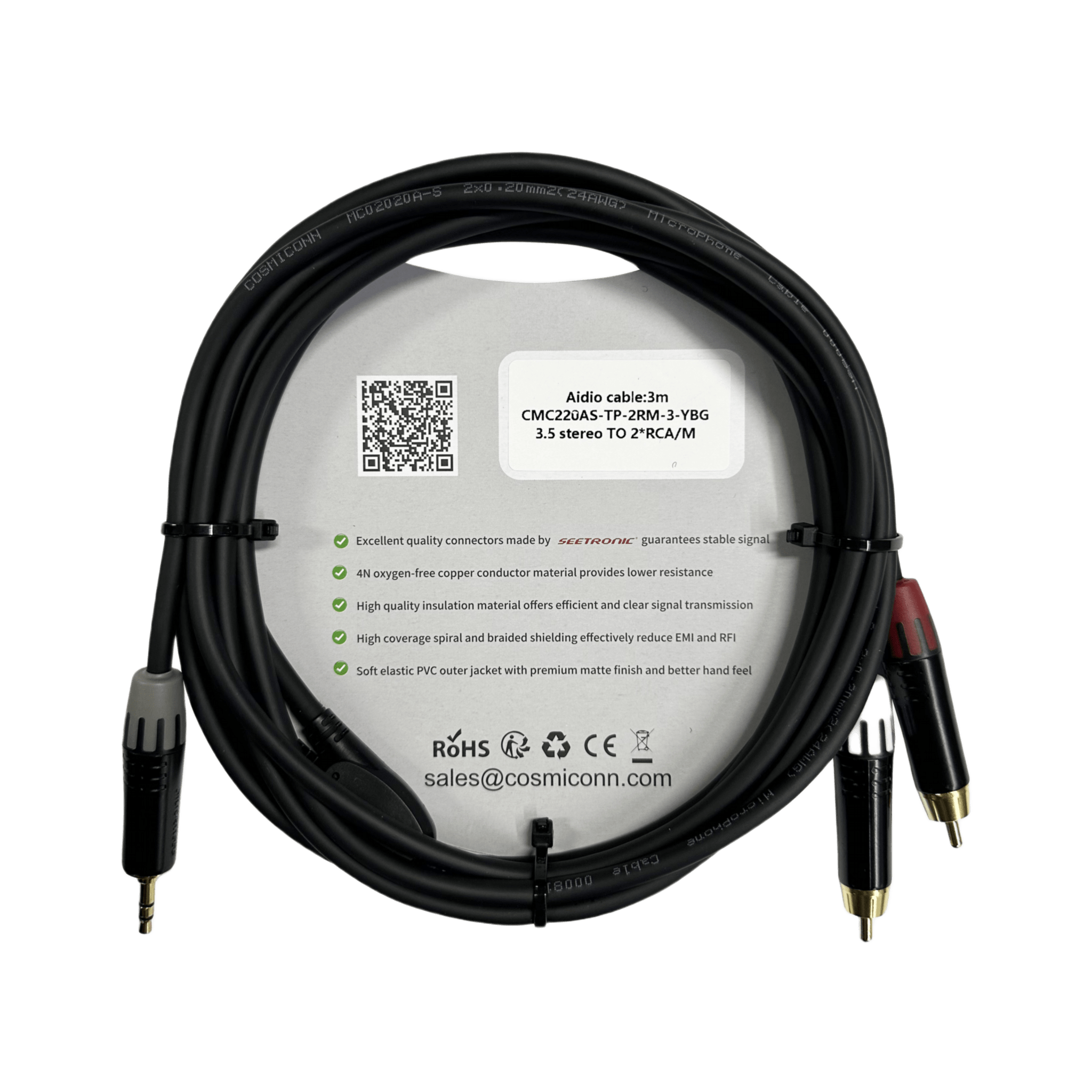 Cable 3.5mm a 2 RCA, conectores negros, con diferenciador de blanco y rojo en RCA MT380-RD - MT380-WH - MTP3C-BG, length 10m