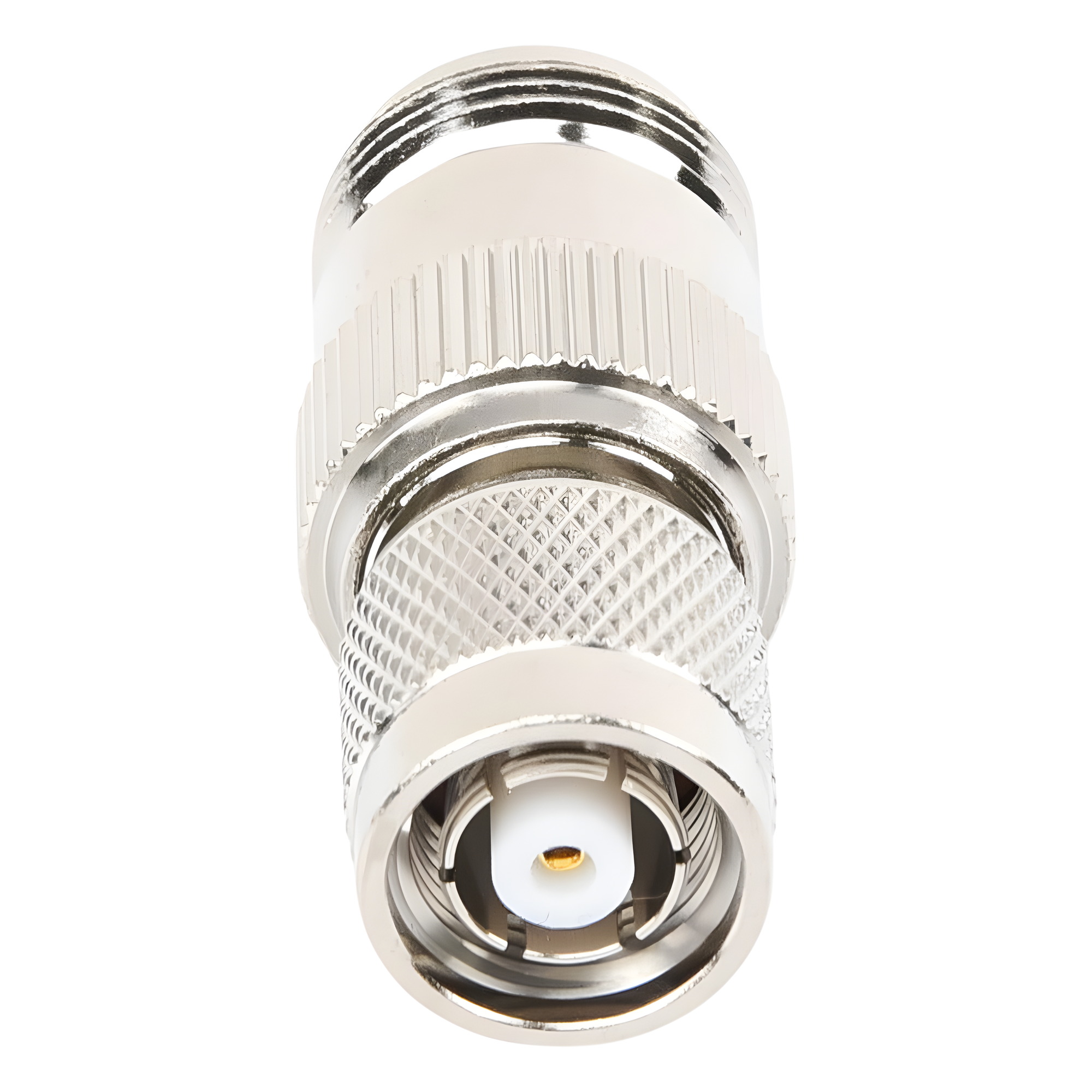 Adaptador RF en Línea / TNC Macho Inverso a N Hembra / Cuerpo Bronce Niquelado / Contacto Oro / Aislante Teflón