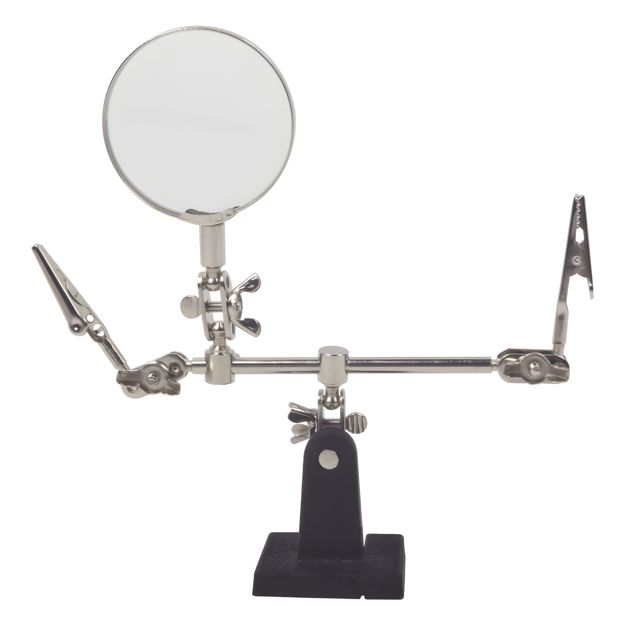 Soporte con lupa y brazos con clip / Lupa 6.2 cm / Aumento 3x / Base hierro fundido / 289 g / 14 x 8 cm (5.5 x 3.1 pulgadas) — EPCOM POWERLINE · SKU EP390