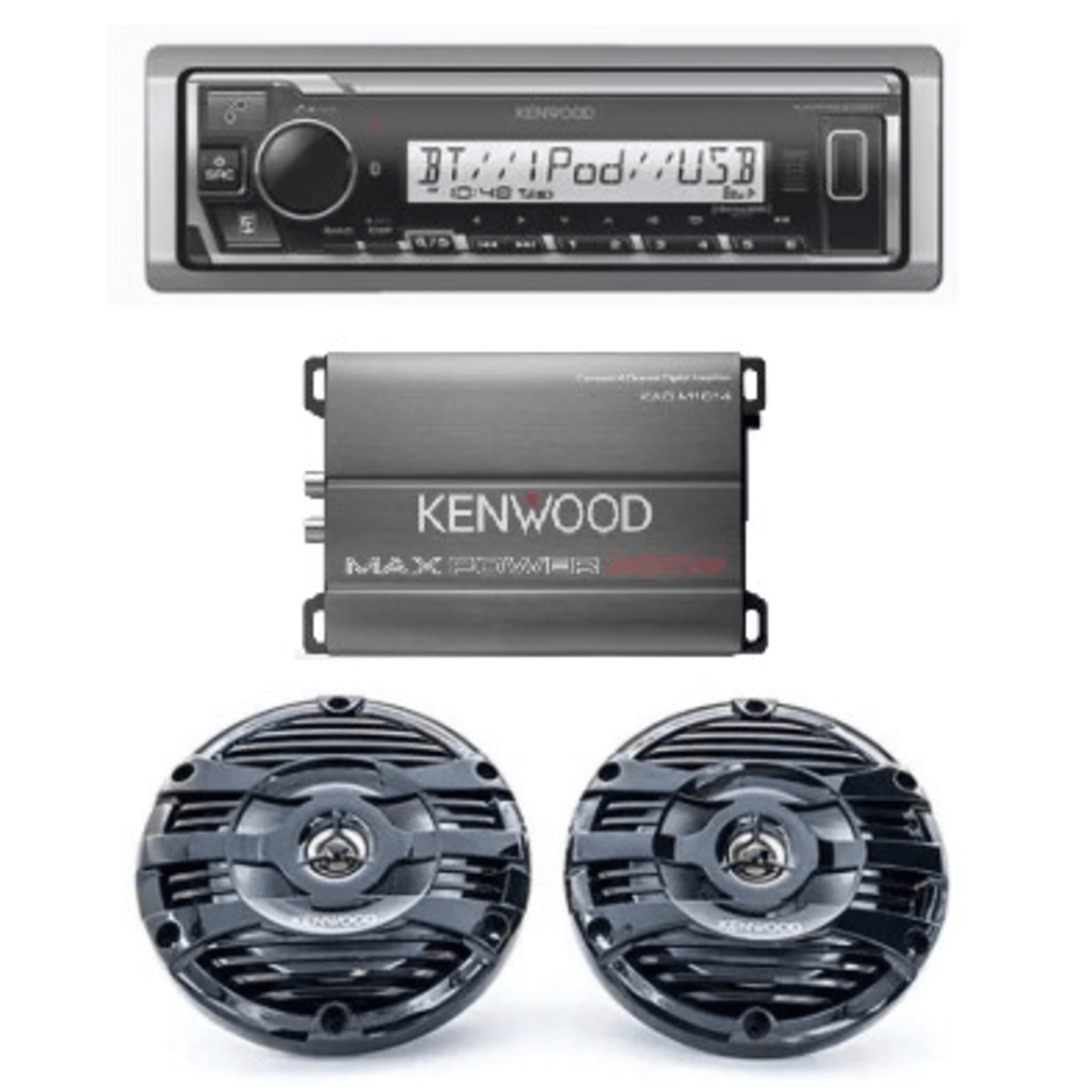 Kit de estéreo con Bluetooth KMR-M332BT | Amplificador KAC-M1814  | más Par de bocinas KFC-1653MRB