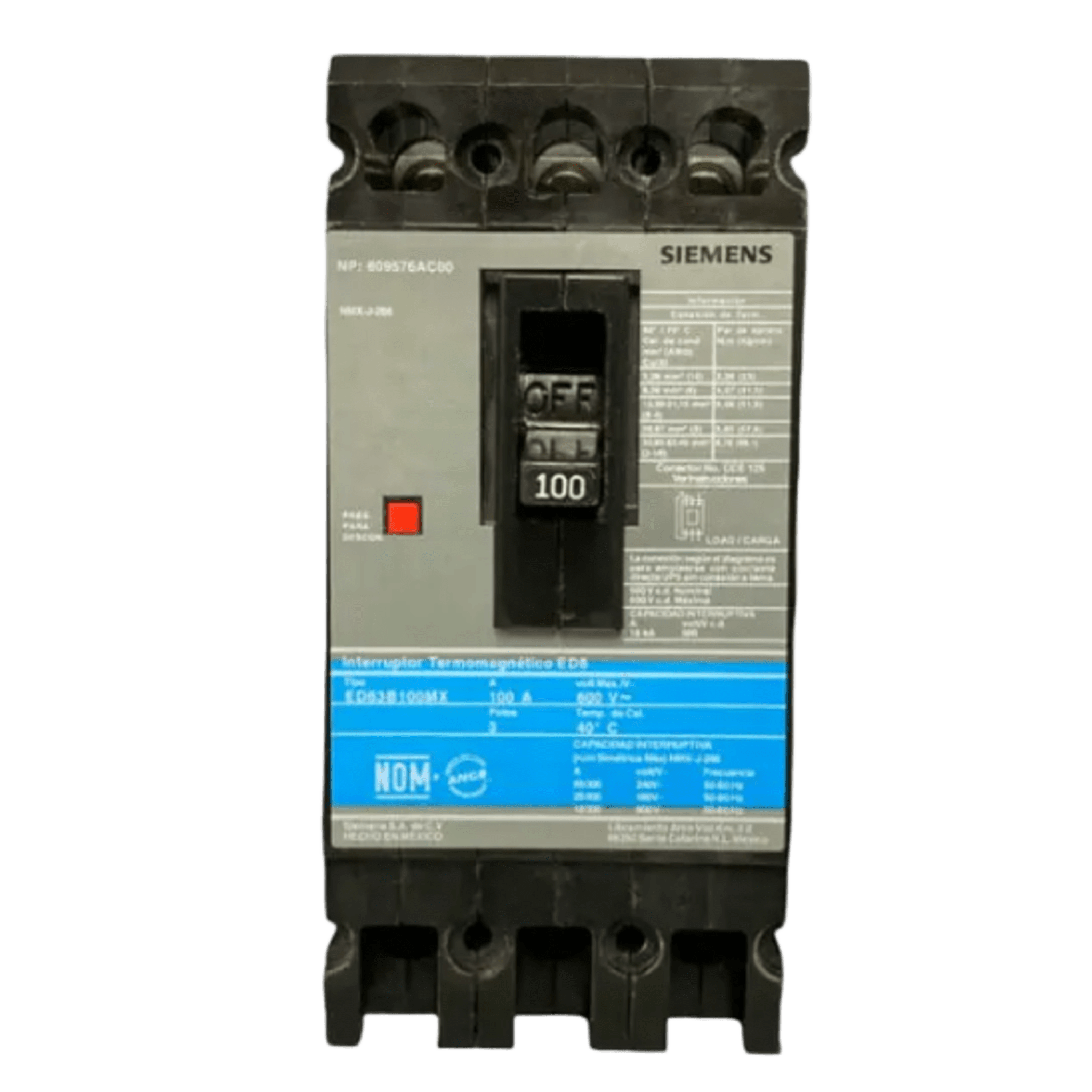 Interruptor Termomagnético / 3 Polos / 100 A / 600 VCA / Capacidad Interruptiva 65 kA / 400 Hz — SIEMENS · SKU ED63B100MX