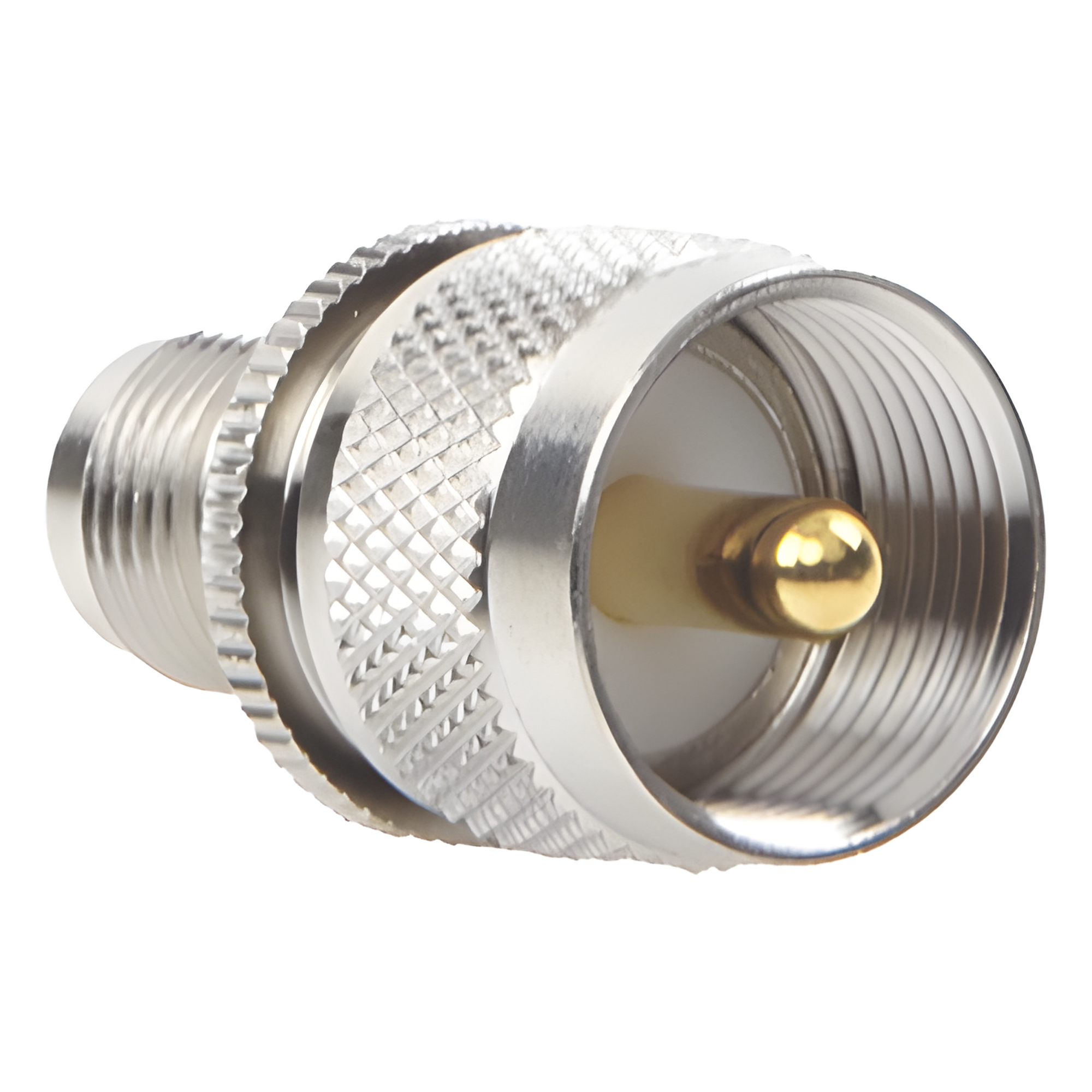 Adaptador de Conector RF / TNC Hembra a UHF Macho PL-259 / Montaje en Línea / Cuerpo Níquel / Contacto Oro / Aislante Teflón — RF INDUSTRIES,LTD · SKU RFT-1236