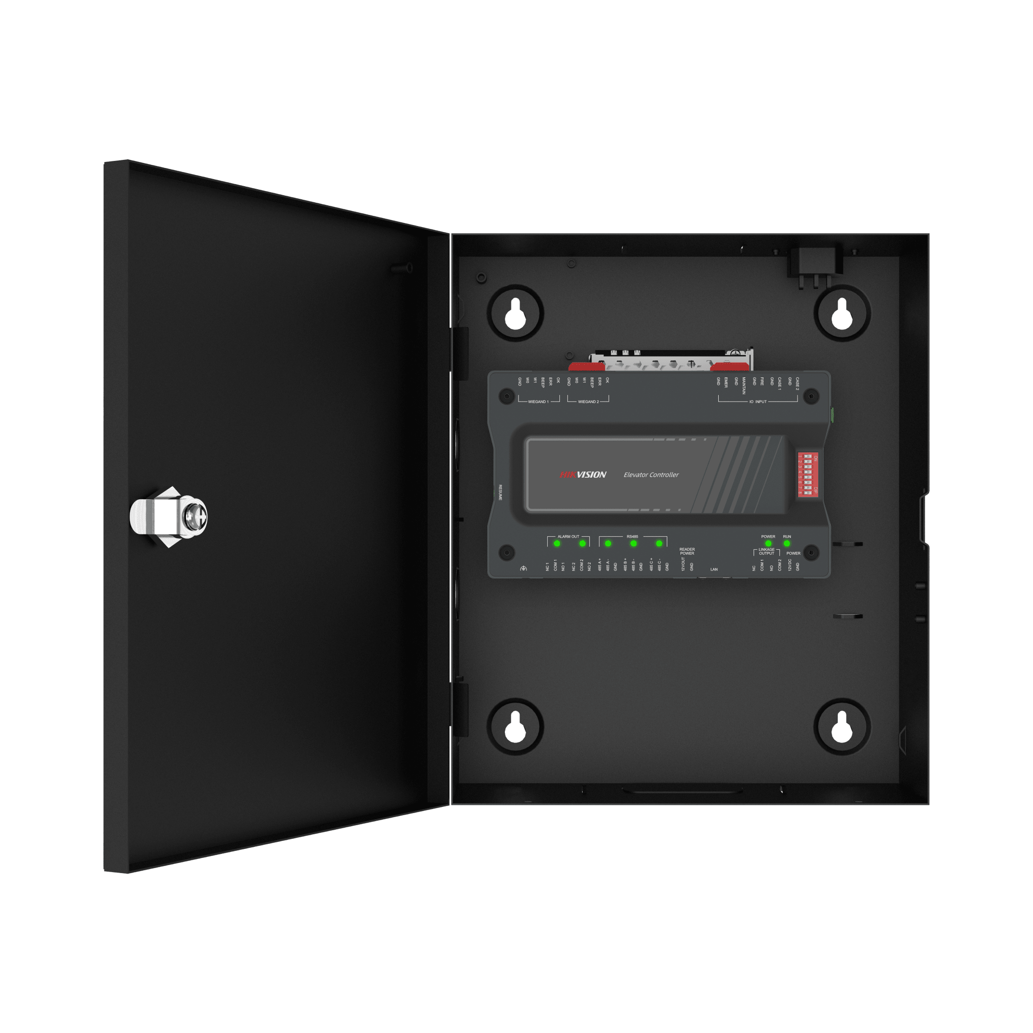 Controlador de Acceso para Elevadores / 128 Pisos / TCP/IP / 100,000 Tarjetas / 50,000 Usuarios / Huella, Tarjeta o QR / 5 Relevadores / 24 Distribuidores Esclavos — HIKVISION · SKU DS-K2220X