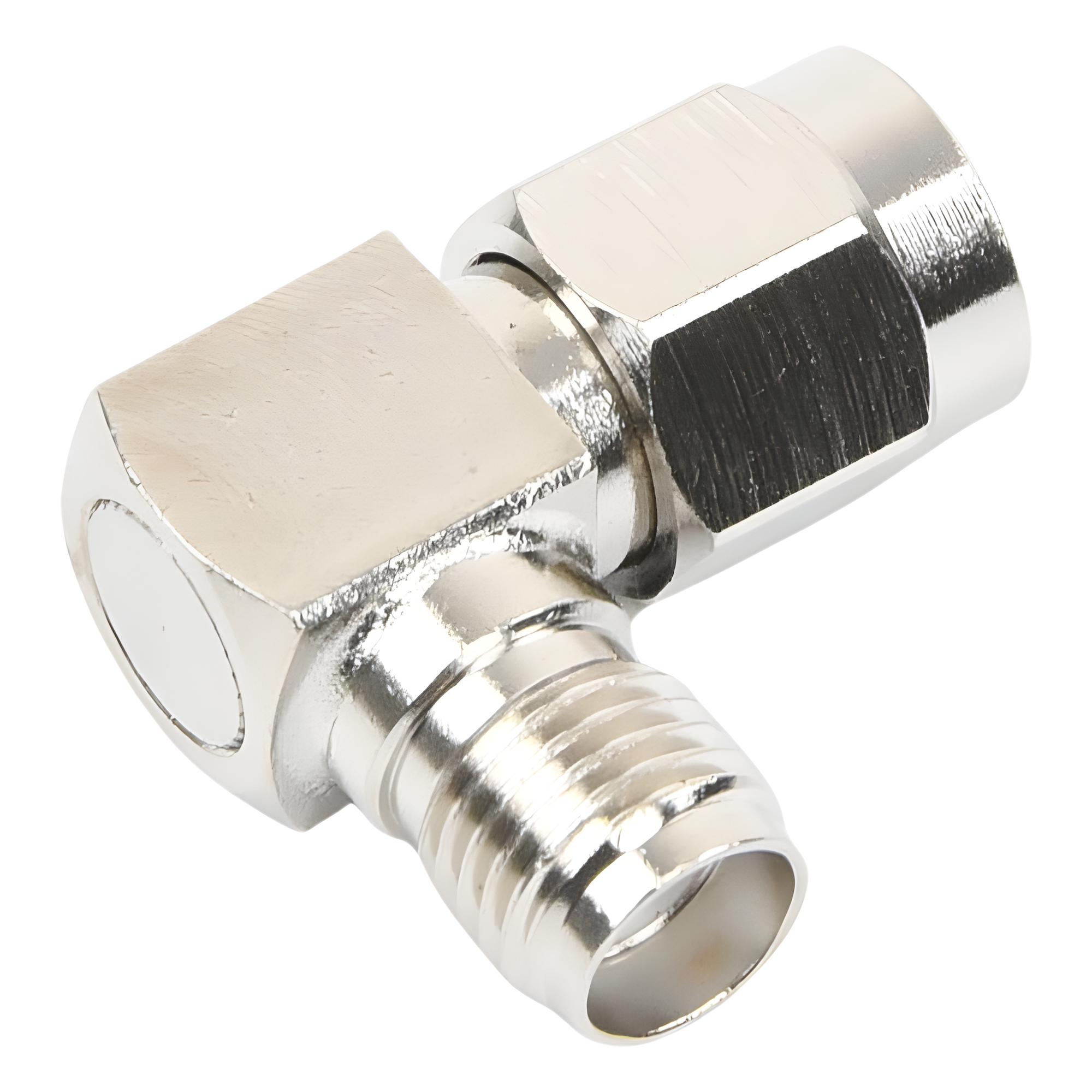 Adaptador RF Coaxial / Ángulo Recto / SMA Macho a SMA Hembra / Cuerpo Bronce Niquelado / Contacto Oro / Aislante Teflón