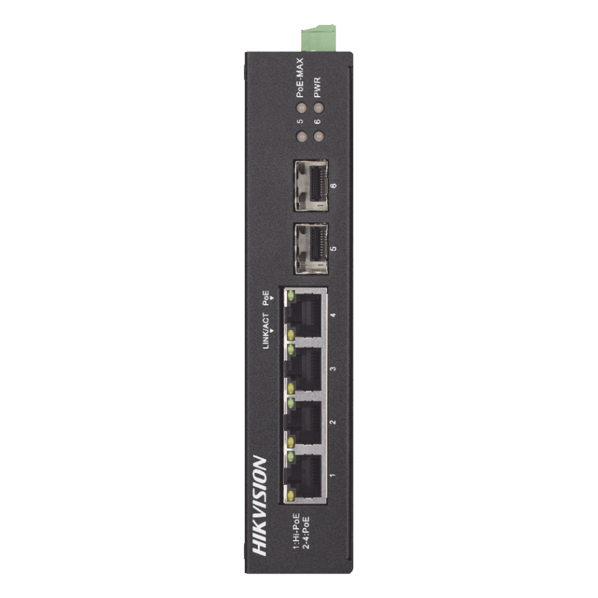 Switch Industrial No Administrable / 3 Puertos Gigabit PoE+ (30 W) + 1 Puerto Gigabit PoE++ (60 W) / 2 Puertos SFP / 65 W Total / Alcance Extendido 300 m (984.3 ft) / -30 °C a 65 °C — HIKVISION · SKU DS-3T0506HP-E/HS