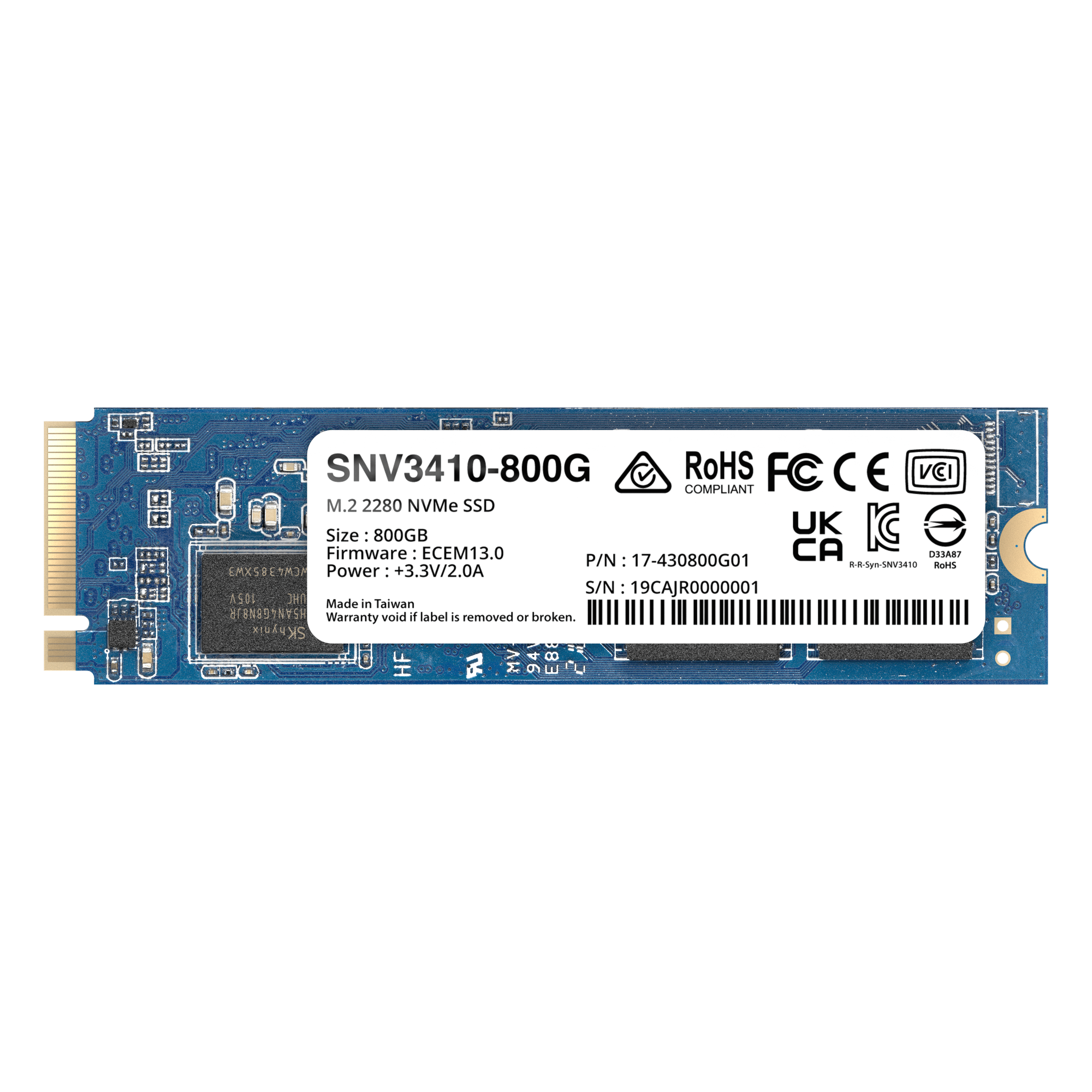 SSD NVMe M.2 / 400 GB / 400000 IOPS Lectura / 70000 IOPS Escritura / 1022 TBW / PCIe 3.0 x4 / Formato 2280/22110 — SYNOLOGY · SKU SNV3410-400G