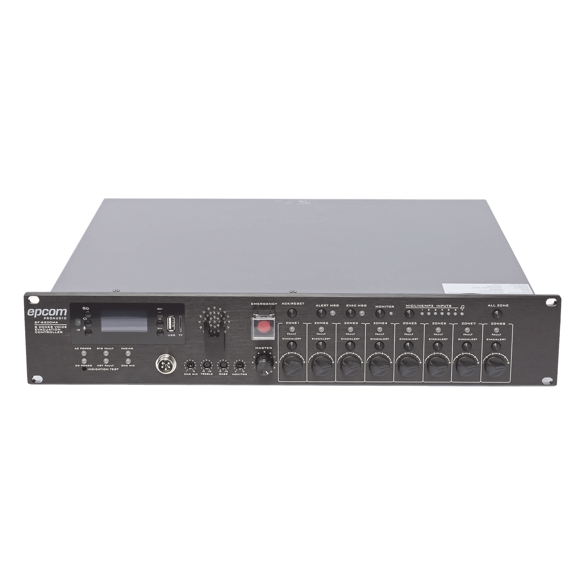 Controlador de Evacuación por Voz / Amplificador 500 W / 8 Zonas Independientes / Expansible a 128 Zonas / Salida 100 V / Reproductor MP3 / Radio FM — EPCOM PROAUDIO · SKU SF-6200MA