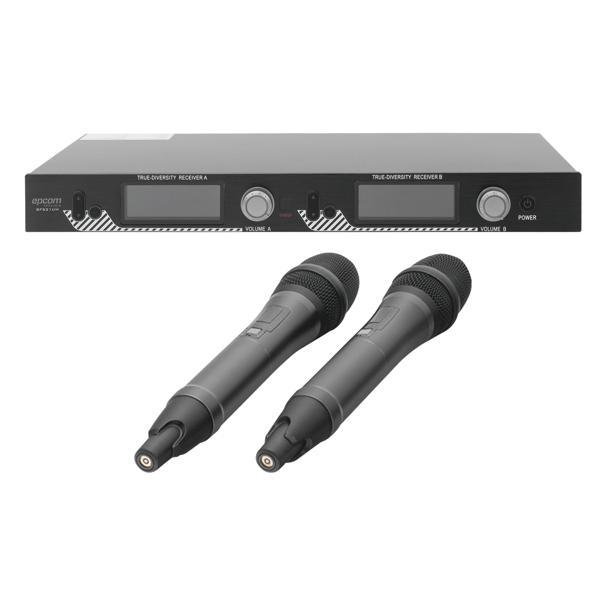 Sistema de Microfonía Inalámbrico UHF / 2 Micrófonos de Mano / 200 Canales / Alcance 100 m (328 ft) / Frecuencia 640-857 MHz / Batería 10-15 Horas — EPCOM PROAUDIO · SKU SF-521UH