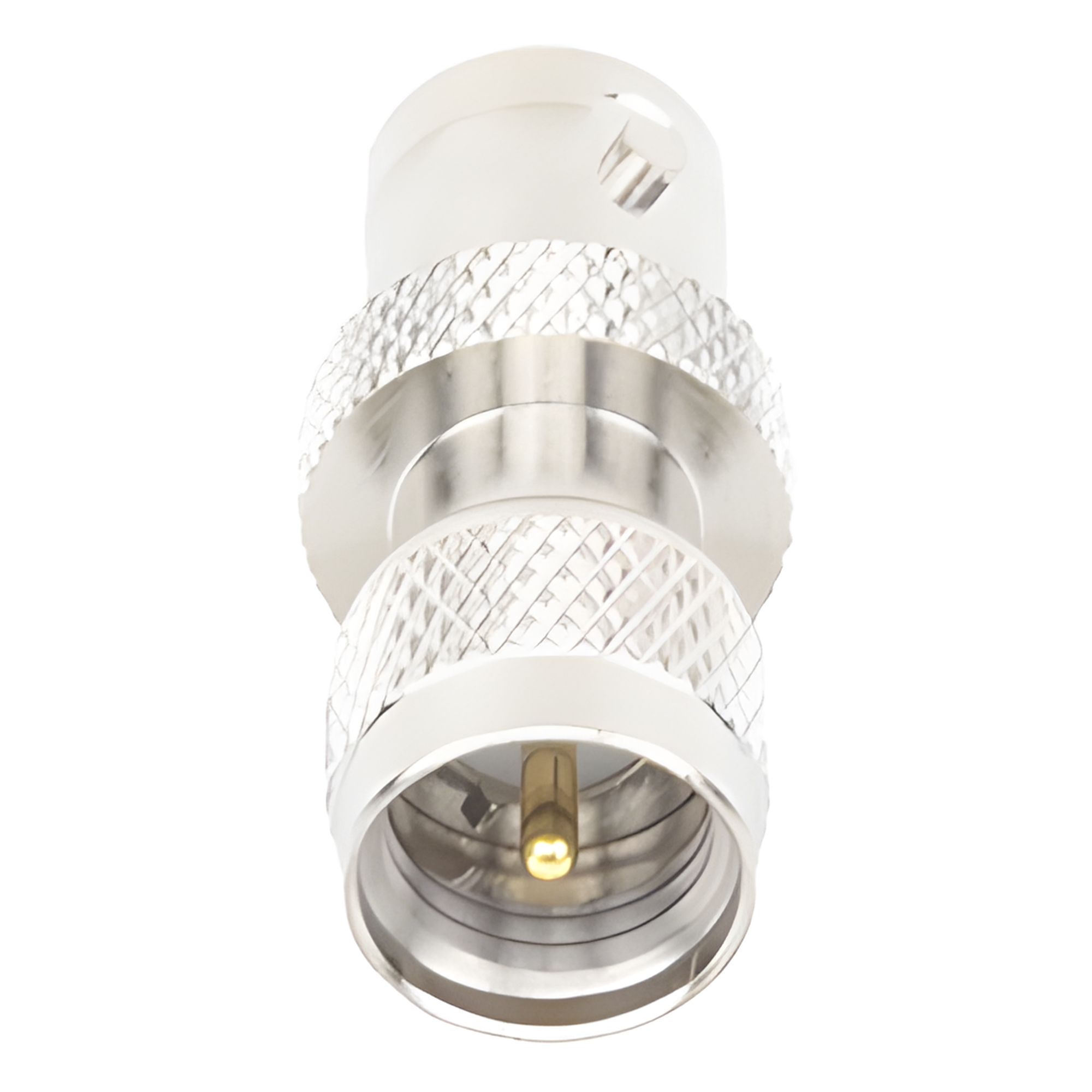 Adaptador de Conector / Mini UHF Macho a BNC Hembra / Montaje en Línea / Cuerpo Bronce Niquelado / Contacto Oro / Aislante Teflón