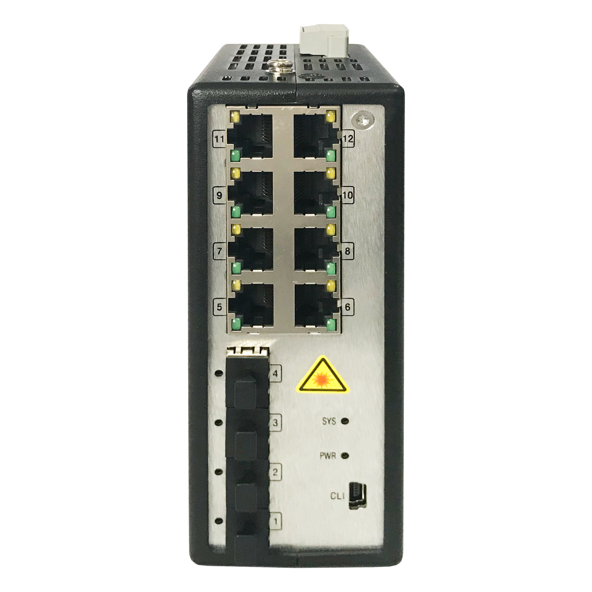 Switch Industrial Administrable / 8 Puertos Gigabit PoE+ 30W / 4 Puertos SFP / 250W Total / 48-57 VCD / -40°C a 75°C / 140×52×110 mm / 5.5×2.0×4.3 pulgadas — HIKVISION · SKU DS-3T3512P