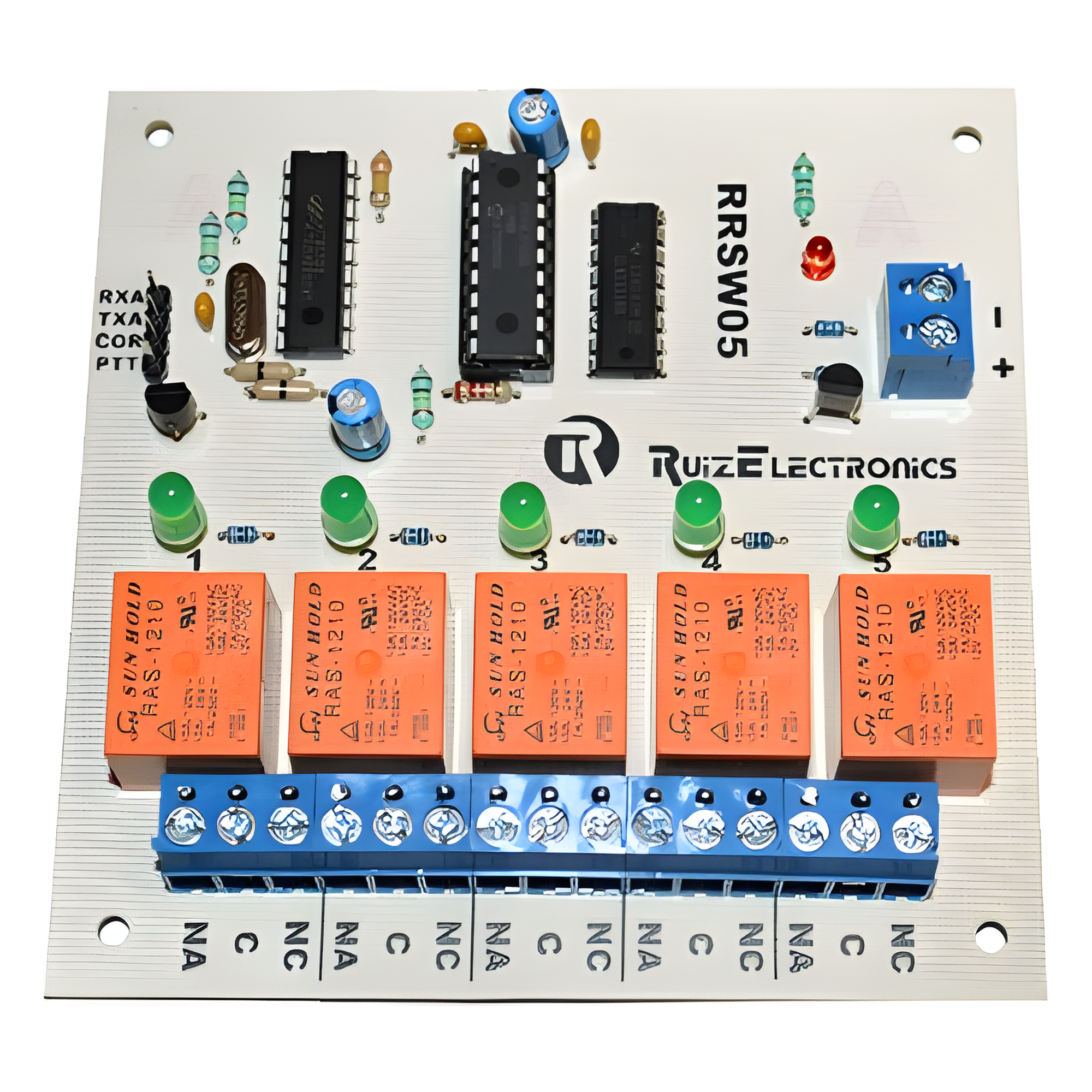 Tarjeta decodificadora / 5 zonas / Relevadores 500W / Control DTMF / Alimentación 10-15V DC — Ruiz Electronics · SKU RRSW05