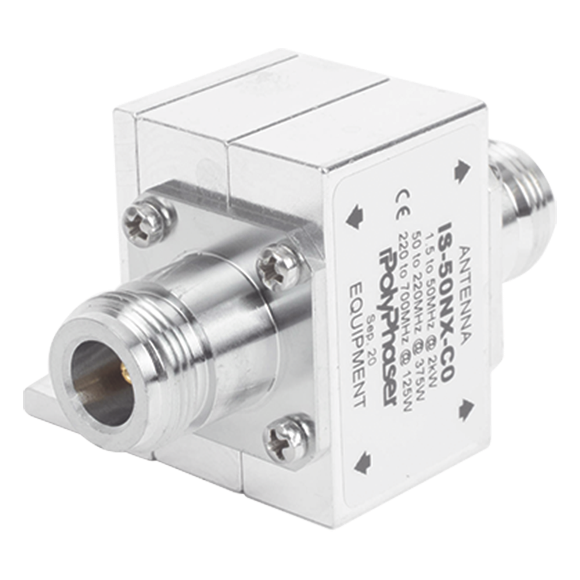 Protector Coaxial RF / 1.5-700 MHz / 50 Ω / 2 kW / Conectores N Hembra / Ceja Lateral / Flange — POLYPHASER · SKU IS-50NX-CO