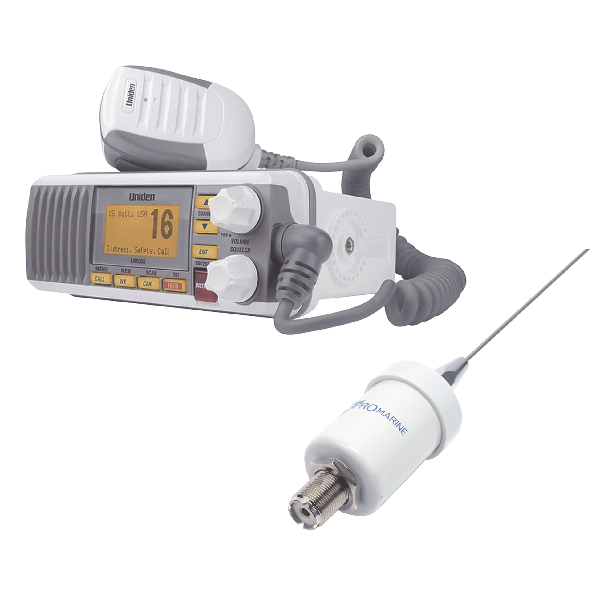 Kit de radio marina con antena de fibra de vidrio / 25W / LCD grande / GPS y DSC Clase D / IPX4 / 4.5m (14.8 ft) de cable — UNIDEN · SKU UM385/KIT1600