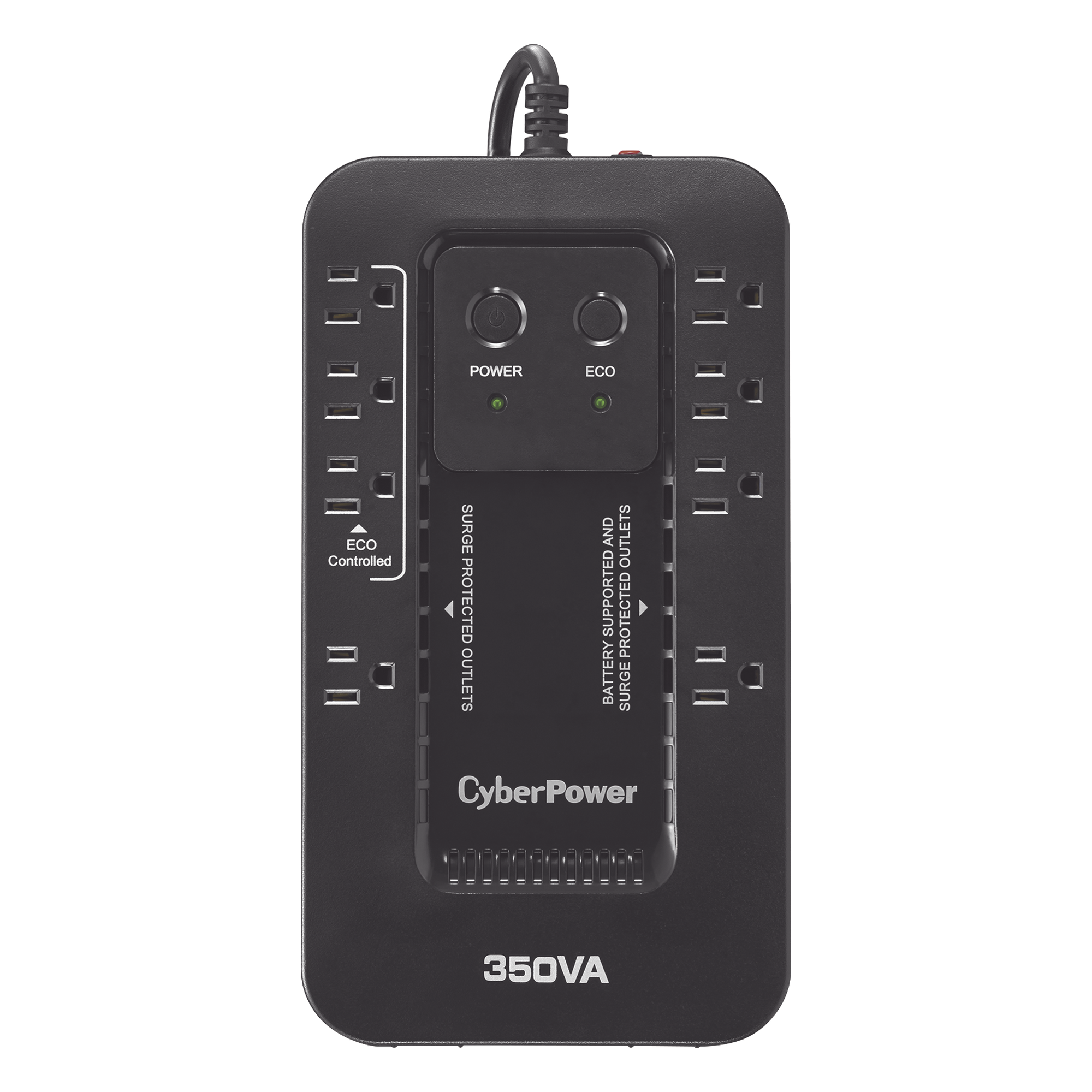 UPS de 350 VA/255 W, Topología Standby con Modo Ahorrador ECO, Entrada 120 Vca NEMA 5-15P, Con 8 Tomas NEMA 5-15R 