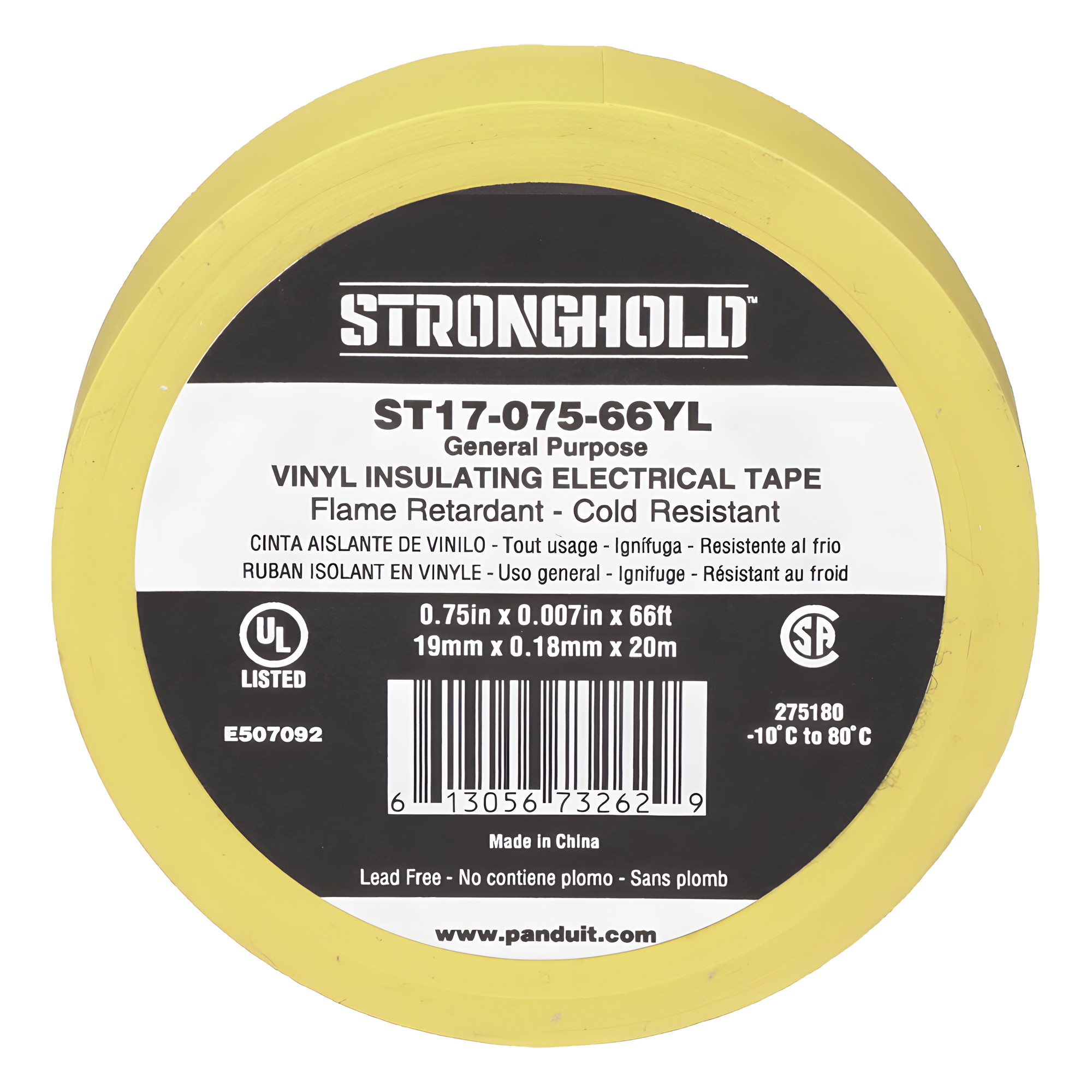 Cinta Aislante Eléctrica / PVC 0.18 mm / 19 mm x 20.12 m (66 ft) / 600V / UL 510 / Amarillo — PANDUIT · SKU ST17-075-66YL
