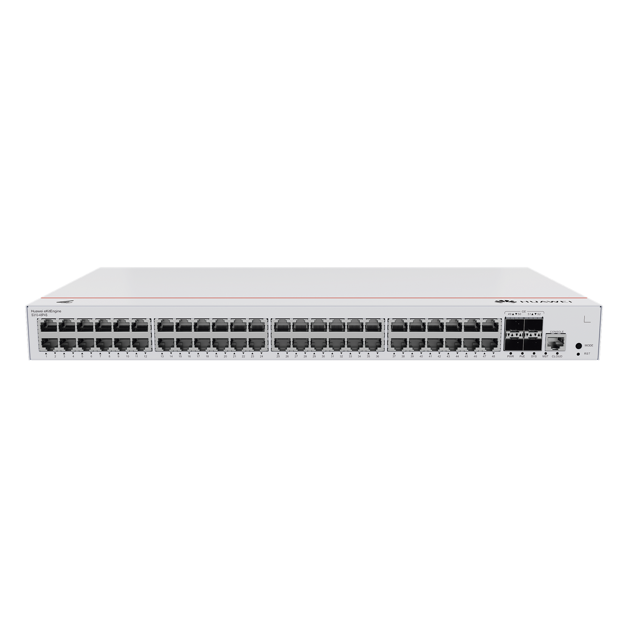 Switch Capa 3 Administrable / 48 Puertos Gigabit PoE / 4 SFP Uplink / 104 Gbps / PoE Perpetuo 380W / iStack — HUAWEI · SKU S310-48P4S