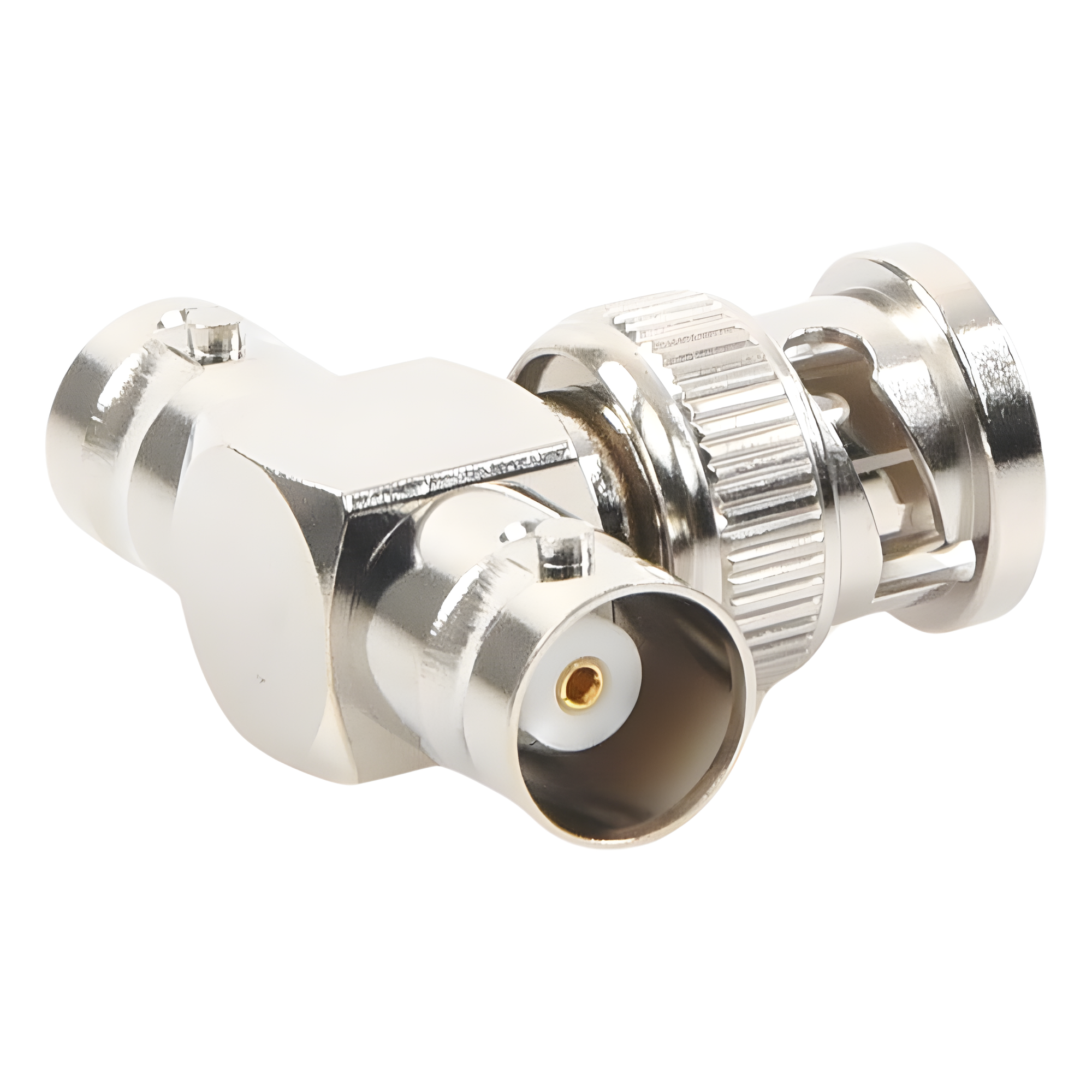 Adaptador RF en T / BNC Macho a Doble BNC Hembra / 50 Ohm / Cuerpo Niquelado / Contacto Oro / Aislante Teflón