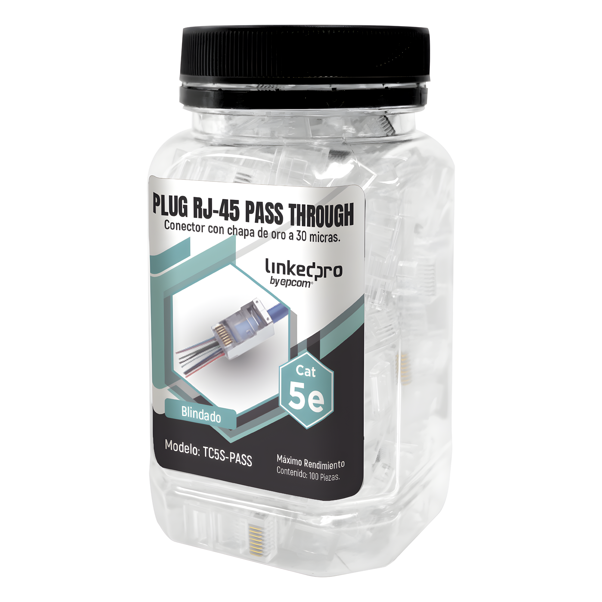 Bote de Plugs Pass Through RJ45 / Cat5e Blindado / Chapado Oro 30 Micras / 24AWG / 100 Piezas — LINKEDPRO BY EPCOM · SKU TC5S-PASS
