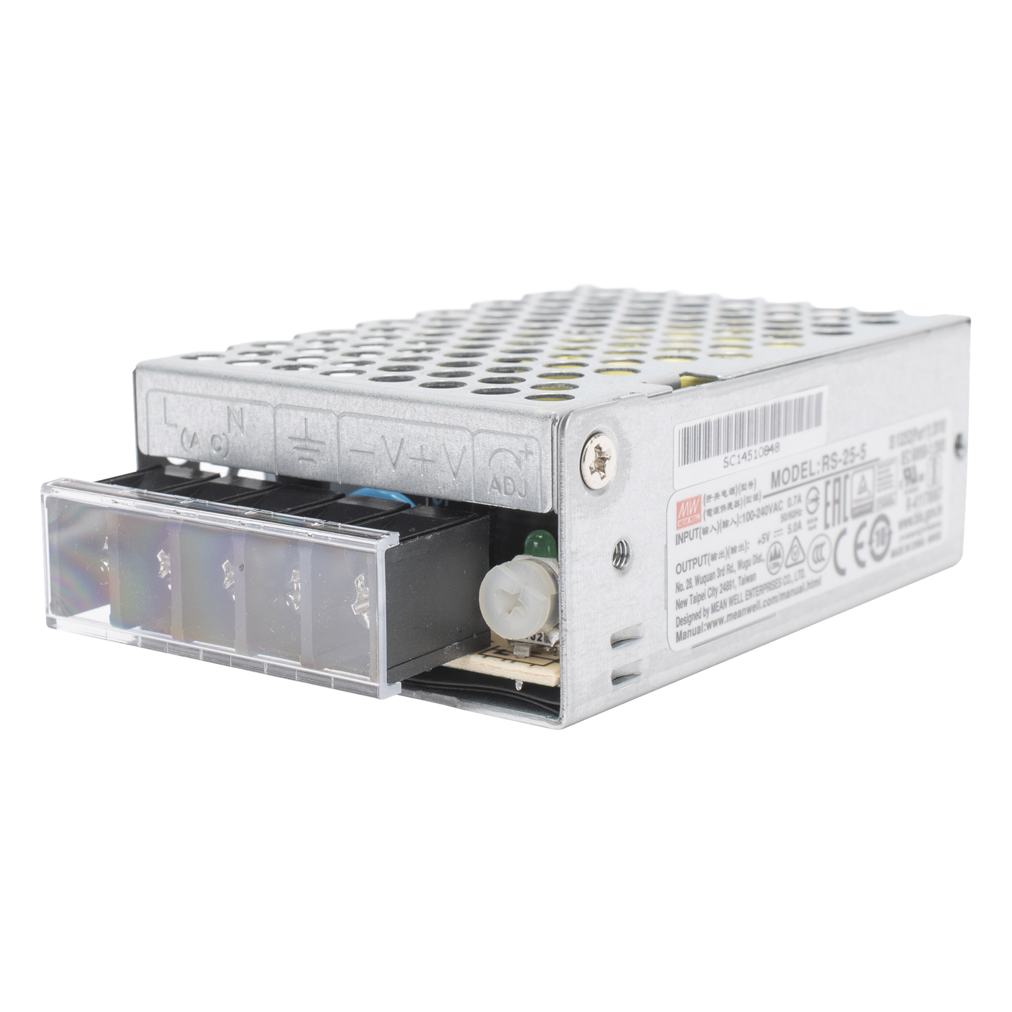 Fuente de Poder Conmutada / 25W / 5Vcc / 5A / Entrada 100-240Vca / 51x28x78 mm / 2.0x1.1x3.1 in — MEANWELL · SKU RS-25-5
